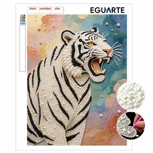 DIY Pearl Painting Kit, Frameless Roaring Tiger Design, Self-Stick Canvas, Stress Relief Craft, Home Wall Art, Mosaic Jewelry Gift