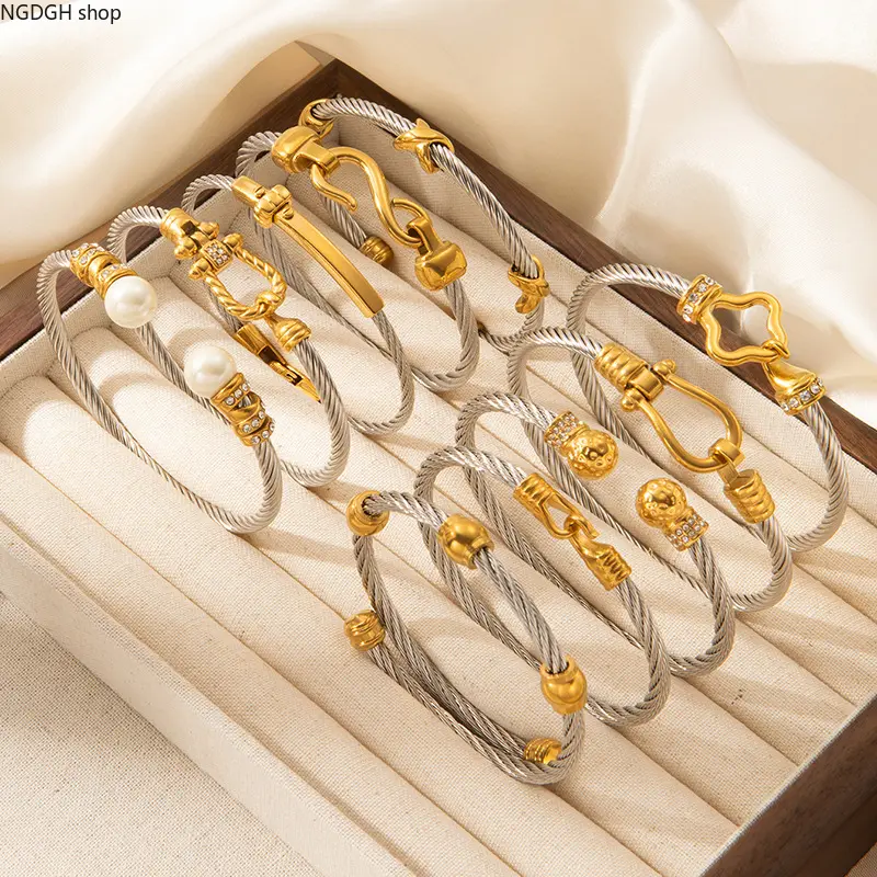 Women's Gold Stainless Steel Twisted Cable Bangle with Pearl Accents - Comfort Fit Chic Jewelry for Party, Summer Sports & Outdoor Styles, Female, Pearl Charm