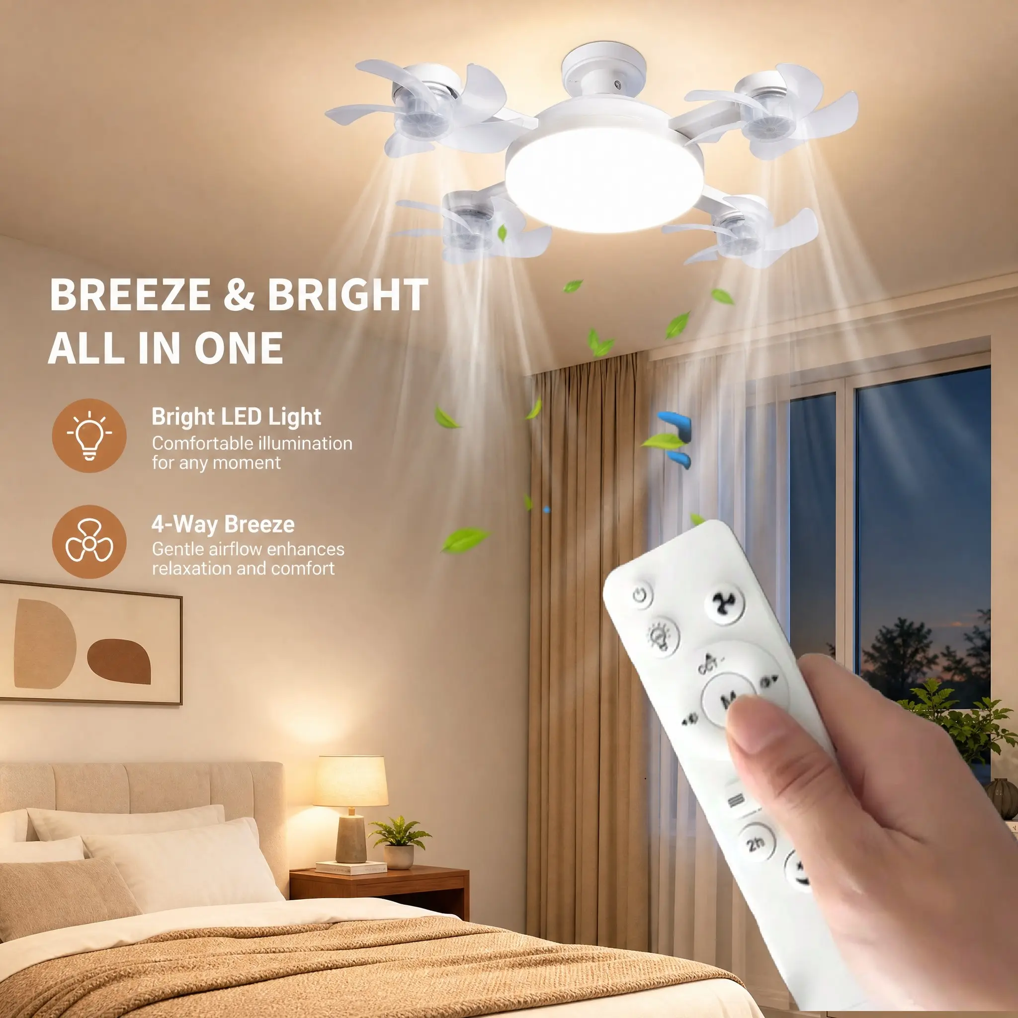 Four-In-One Fan Light, E27 Screw Base, Remote Control, 3 Speeds, 2 Timers, Three Color Lights, Bedroom/dining Room/living Room
