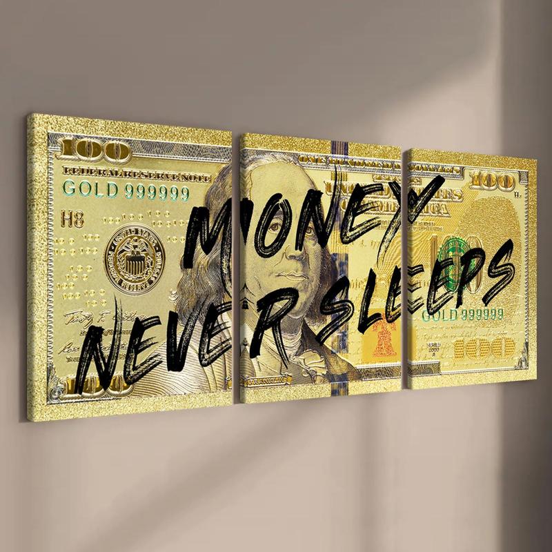 Money Never Sleeps Theme Wooden Framed Canvas Painting, 3 Counts Modern Art Fashion Decoration, Modern Art Design, Wall Art for Home Living Room Bedroom Office, Poster