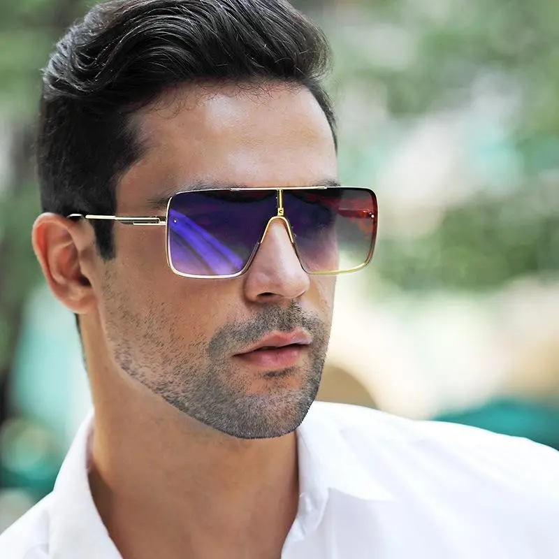 Large-frame sunglasses - Men's metal frame one-piece stylish rectangular lens sunglasses - Fashionable sun protection driving sunglasses
