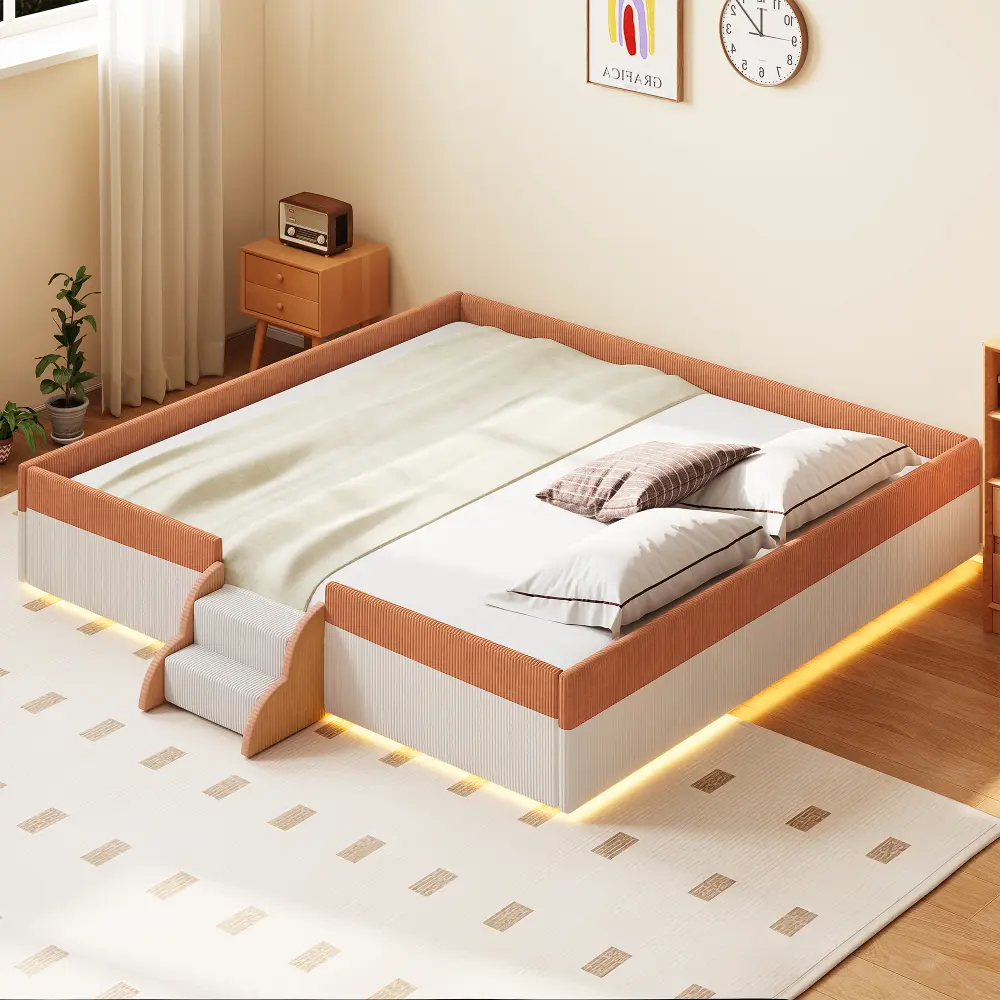 King Size Upholstered Floor Bed with Fence, 2-Tier Steps and Smart LED Lights