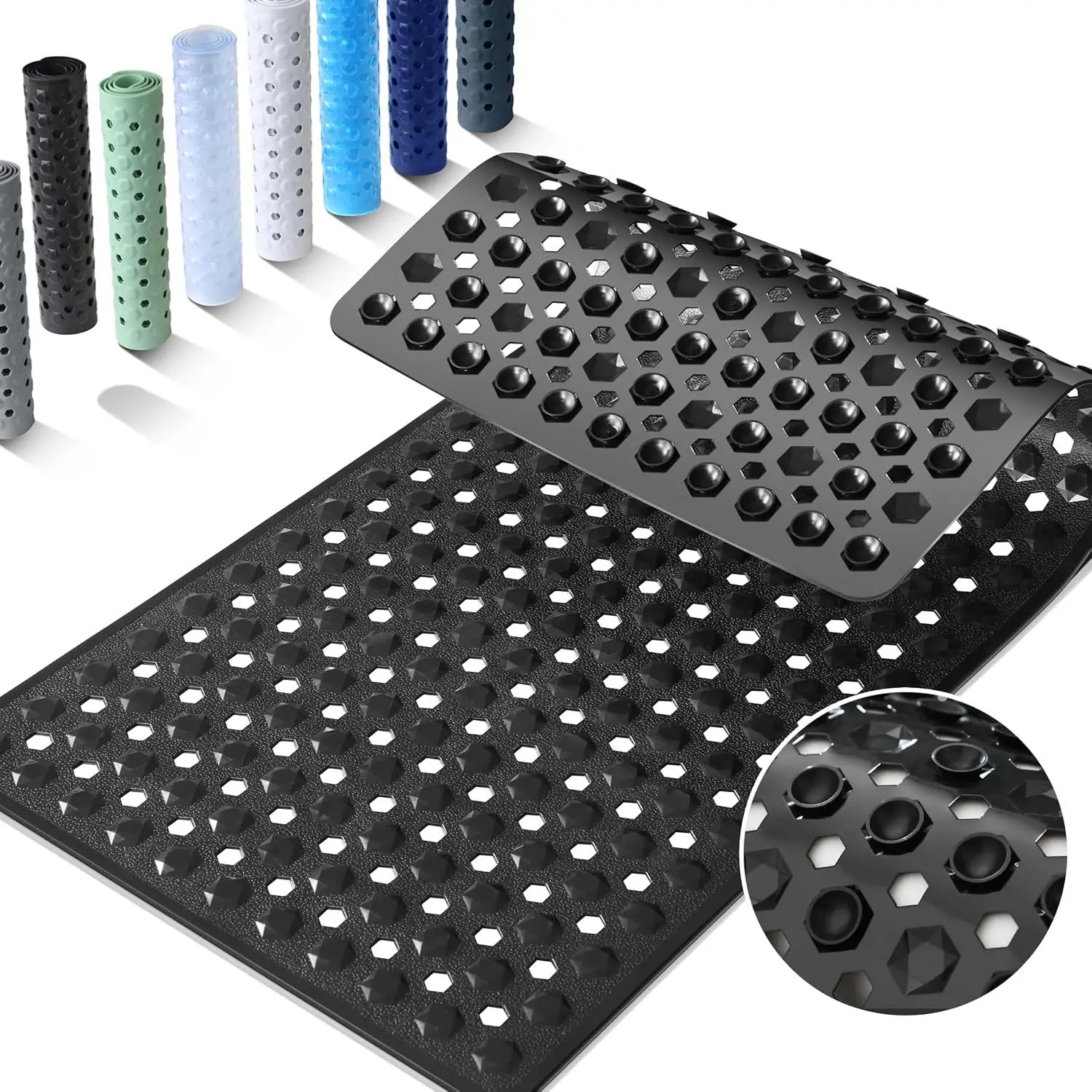 Bathtub Mat Non Slip, 34.5"X15.5" Long Shower Mat for Inside Shower, Machine Washable Bath Mat with Drain Holes &  Suction Cups, Soft  , Bathroom Essentials, Black