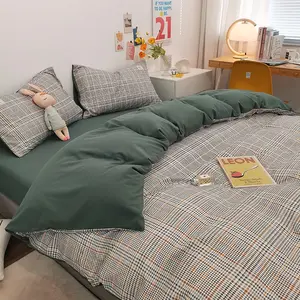 3/4pcs Minimalist Japanese Style Bedding Set, Soft Flannel Plaid, All-Season Home Use, Smooth Sleep, Apartment Suite