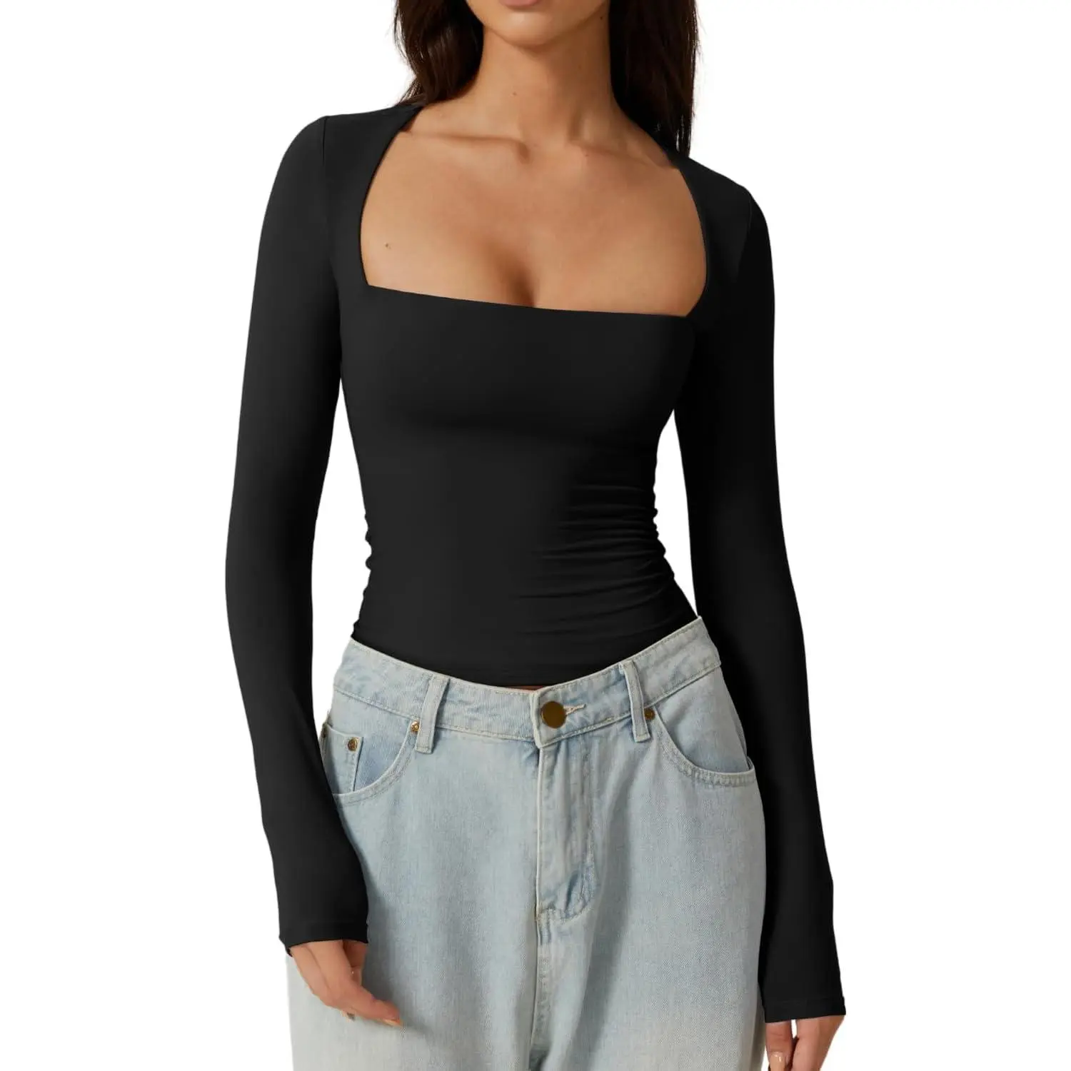 QINSEN Women's Sexy Square Neck Shirt Long Sleeve Double Lined Tees Fitted Going Out Tops
