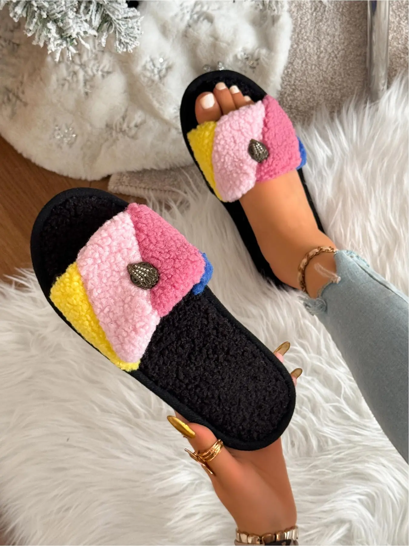 Women's autumn and winter fashionable cotton slippers metal buckle design color block upper warm home slippers lightweight comfortable soft sole outdoor women's shoes