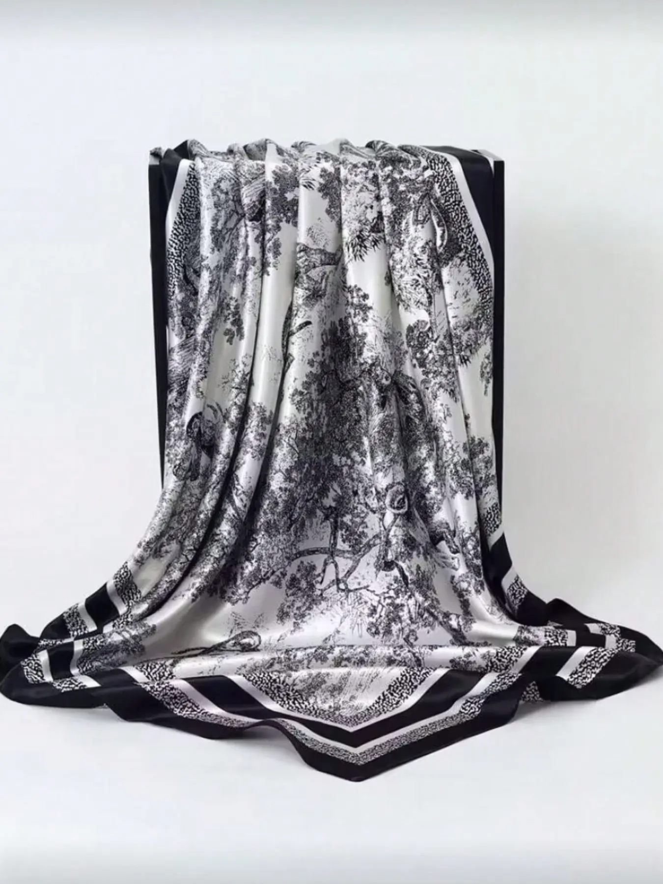 Women Black White Jungle Animal Tree Sketch Print Silky Satin Large Shawl Scarf, Wild Tiger Forest Botanical Graphic Wrap, Versatile Neck Cover Head Scarf Travel Office Elegant Accessory