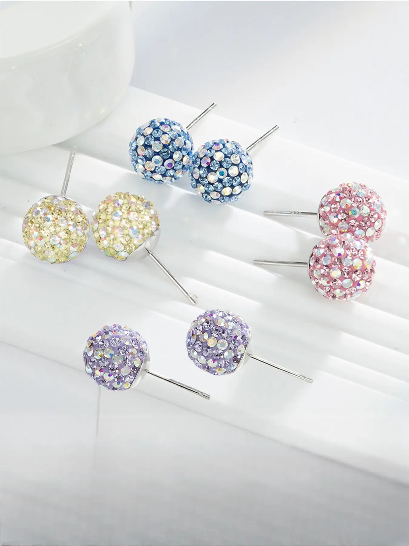 Shimmering Ball Earrings for Women, Disco Crystal Studs, Silver Color Zirconia, Retro Style, Daily Wear Jewelry