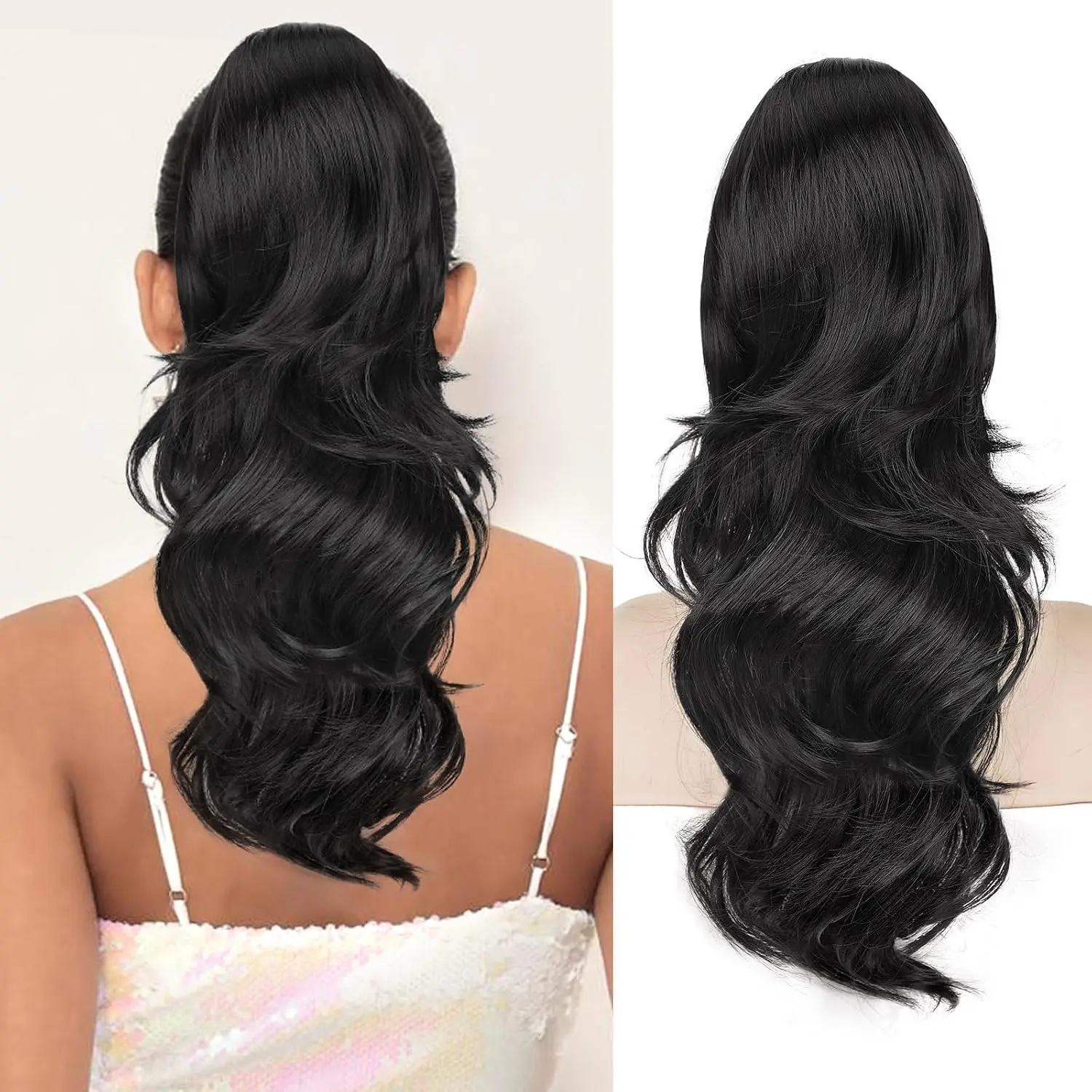 Ponytail Extension 20 Inch Drawstring Ponytail Extension for Women Long Wavy Hair Extensions for Daily Use(Black)