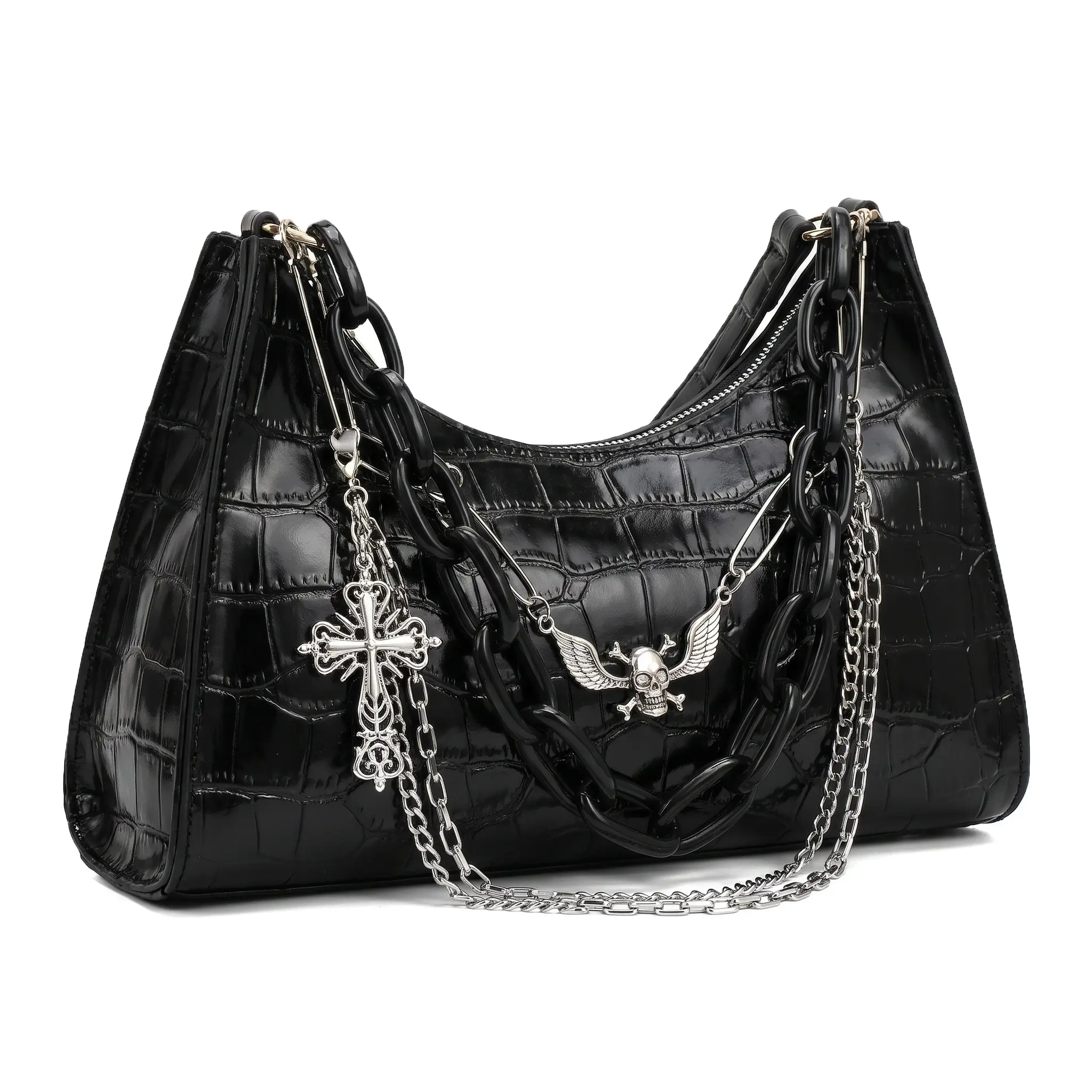 Trendy y2k aesthetic black croc embossed shoulder bag for women grunge street style faux leather underarm purse with chain details gothic alt fashion everyday handbag casual baddie crossbody bag