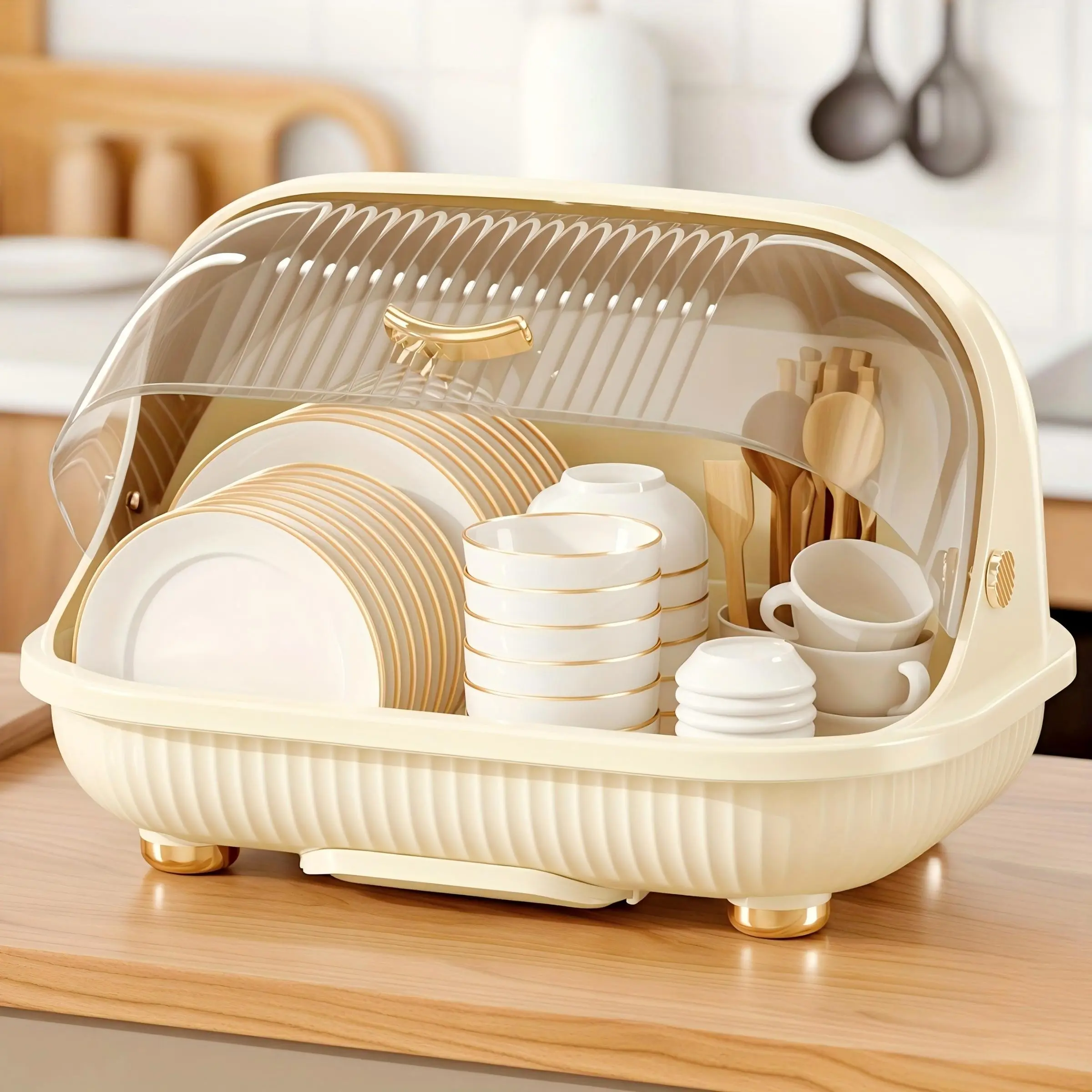 Large Covered Dish Drainer 40×28.5×26.5cm, PP heat-resistant kitchen tableware storage organizer, large capacity ventilated dust & insect-proof bowl rack, flip lid, divided compartments, easy to assemble, disassemble & clean, durable decorative kitchen ut
