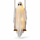 6ft Light Up Swinging Ghost Halloween Decor, Adjustable Hanging Ghost Ornament, Heavy Fabric Indoor Outdoor Porch Yard Decoration
