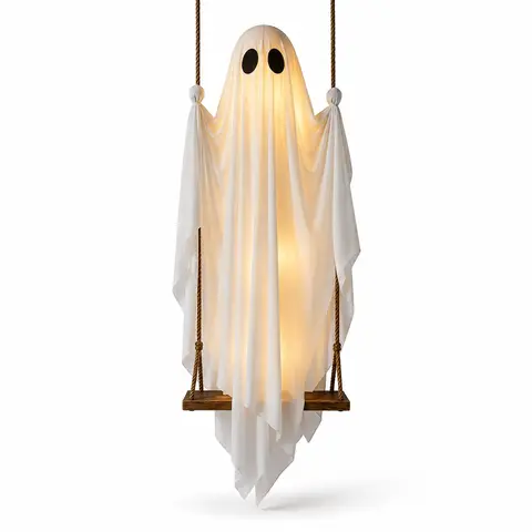 6ft Light Up Swinging Ghost Halloween Decor, Adjustable Hanging Ghost Ornament, Heavy Fabric Indoor Outdoor Porch Yard Decoration
