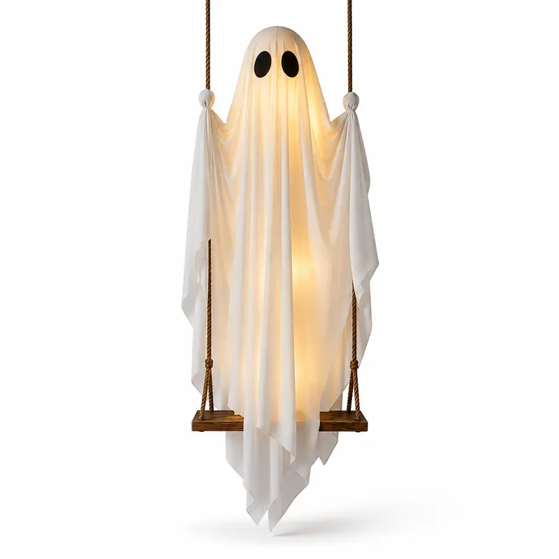 6ft Light Up Swinging Ghost Halloween Decor, Adjustable Hanging Ghost Ornament, Heavy Fabric Indoor Outdoor Porch Yard Decoration