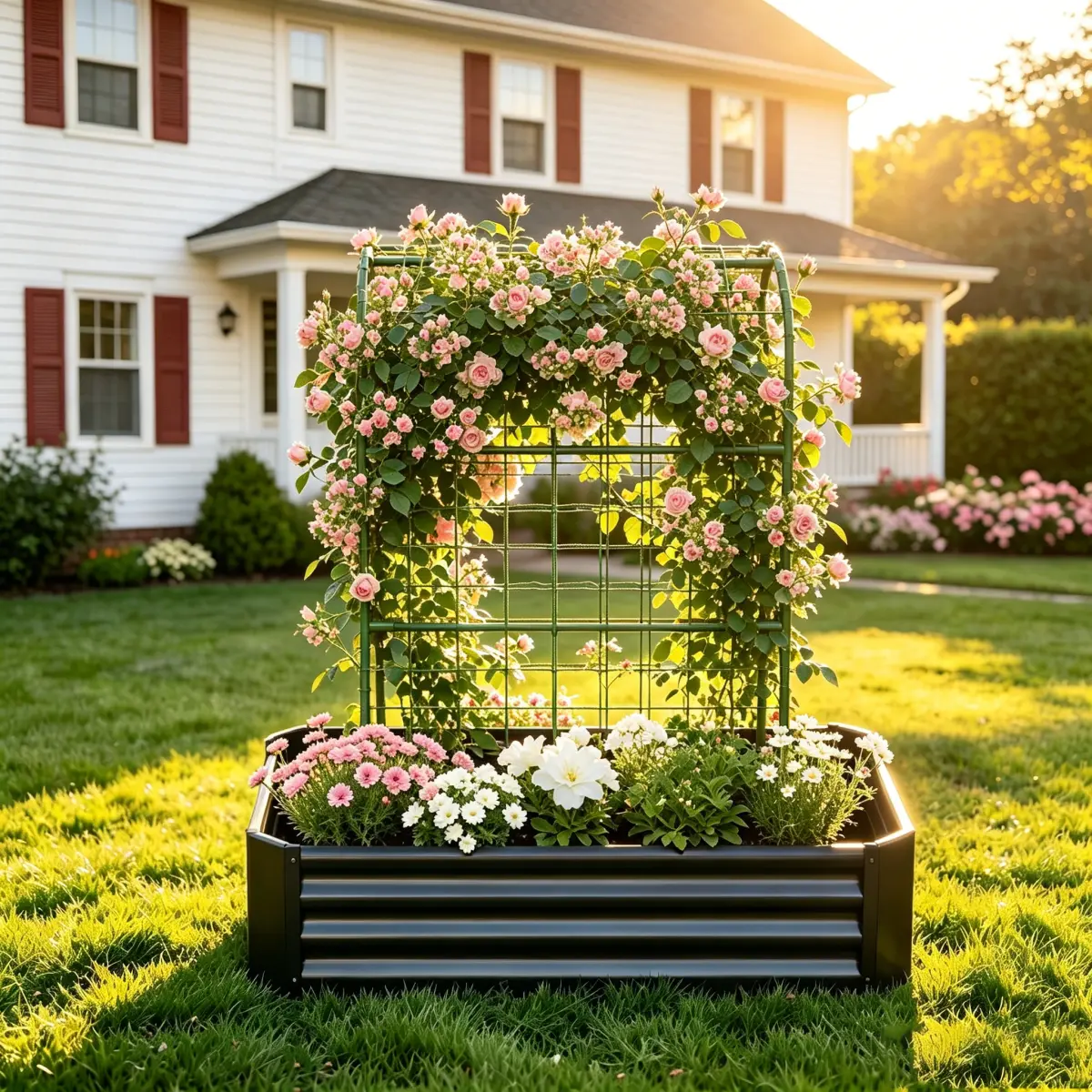 2-in-1 Raised Garden Bed with Trellis, 59" Tall Galvanized Metal Planter Box, 4x2x1 ft Planters for Outside for Climbing Plants, Vegetables