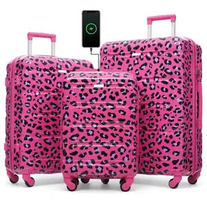 Luggage Set of 3, 20-inch with USB Port, Airline Certified Carry-on Luggage  , ABS+PC Hard Shell Luggage with Spinner Wheels,Fuchsia Leopard Print