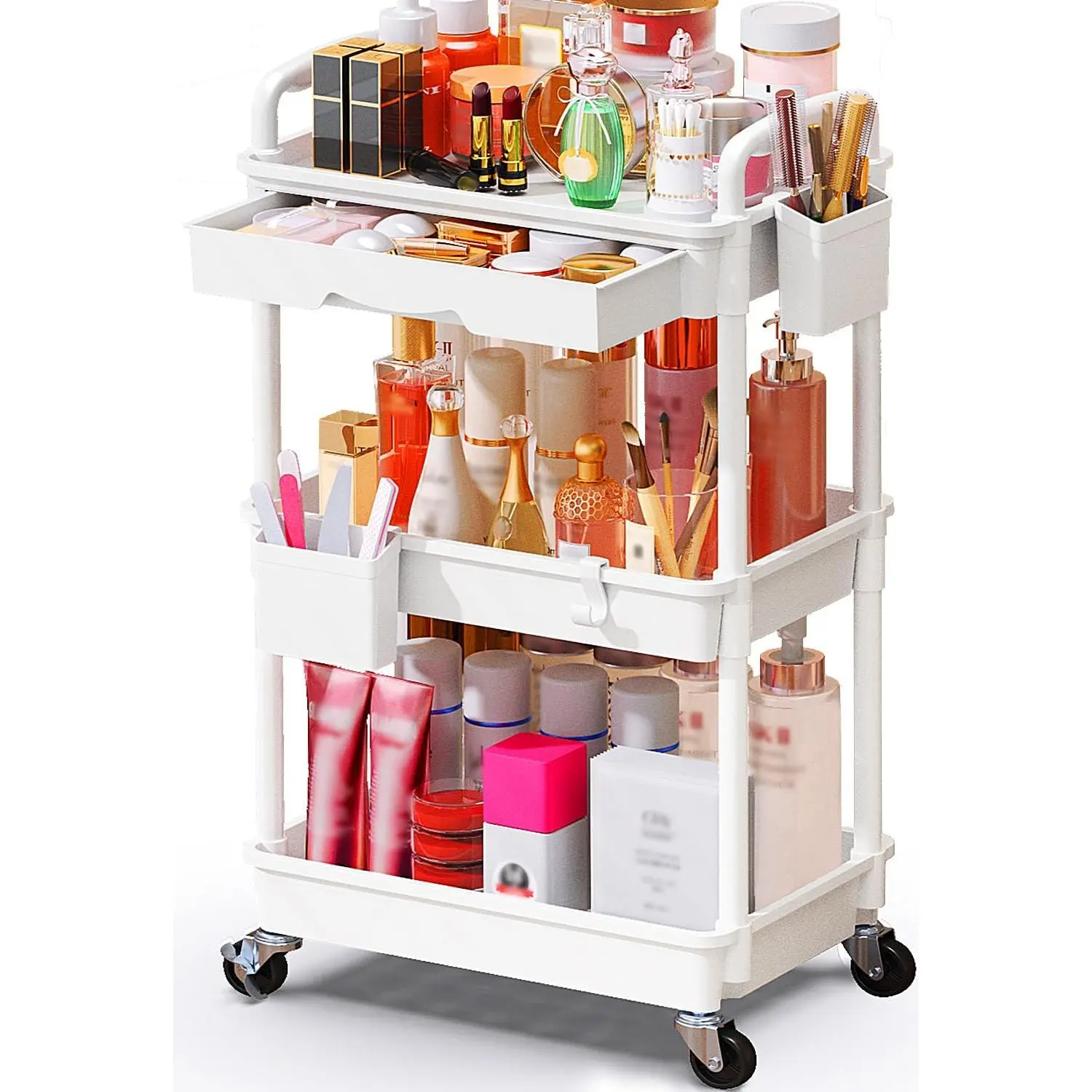 Makeup Cart Organizer with Drawer,3 Tier Rolling Makeup Cart, White | Rolling  Storage for  Care Perfume  Polish, Floor Skincare Organizers  Display Bathroom Storage Cart