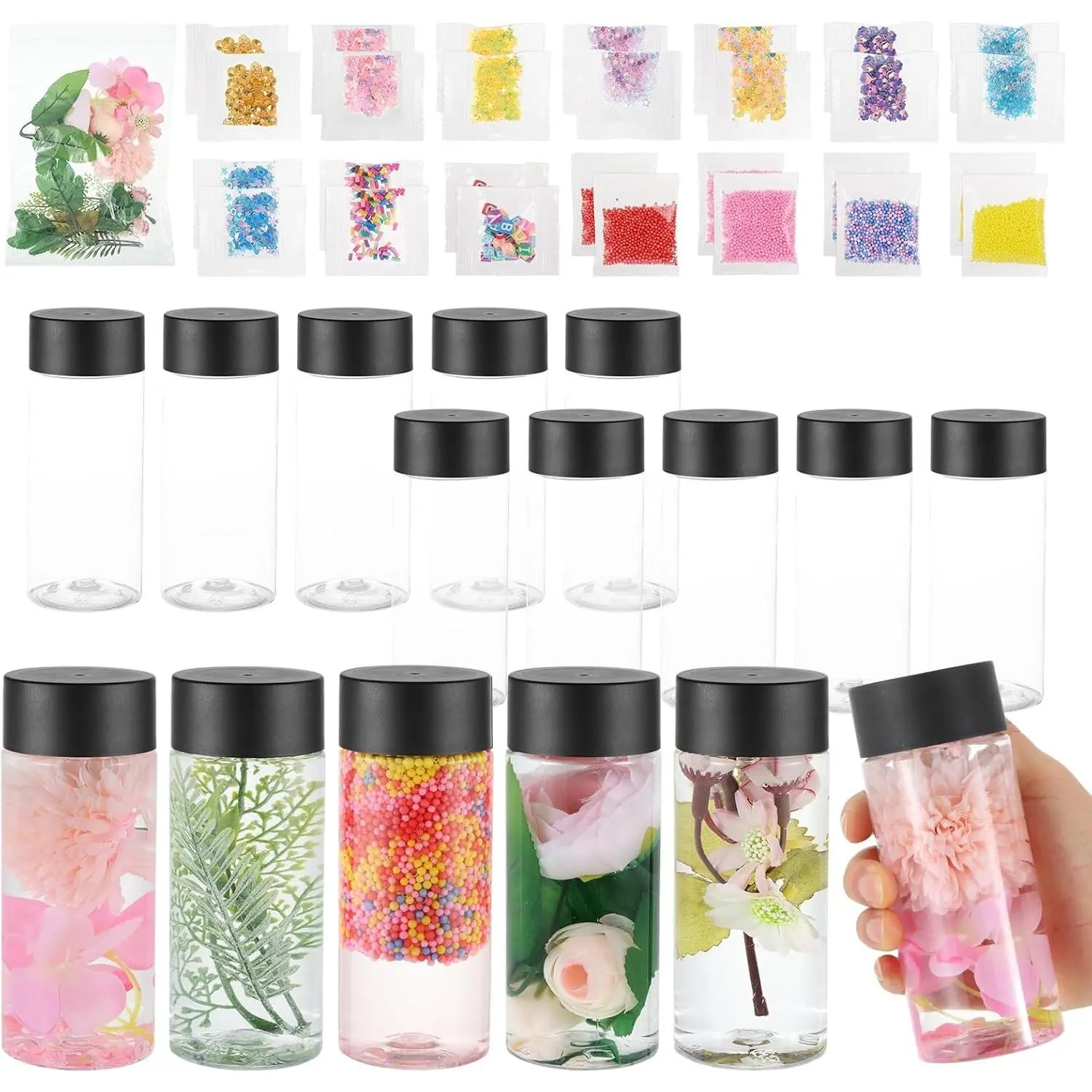 16 Pcs Empty Sensory Bottles Kits, 300 ml Leakproof Clear Plastic Sensory Bottles with Lids with Sequins Accessories, Reusable Water Bottles for Sensory Crafts Handmade Party Supply
