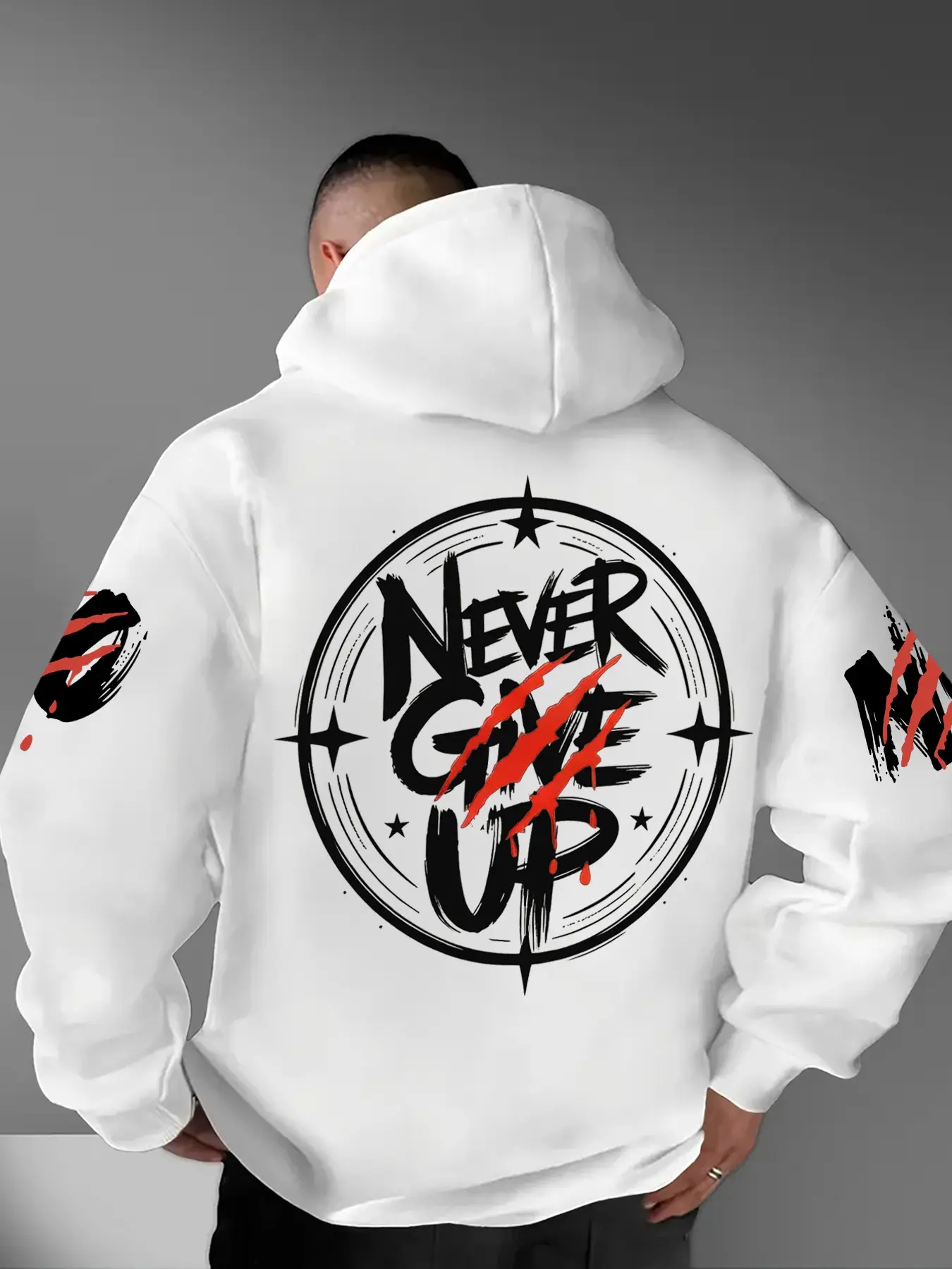 Men's Round Star Logo Motivational Slogan Claw Mark Hooded Sweatshirt, Adjustable Drawstring Hood, Windproof Ribbed Sleeves, Fashionable Pullover
