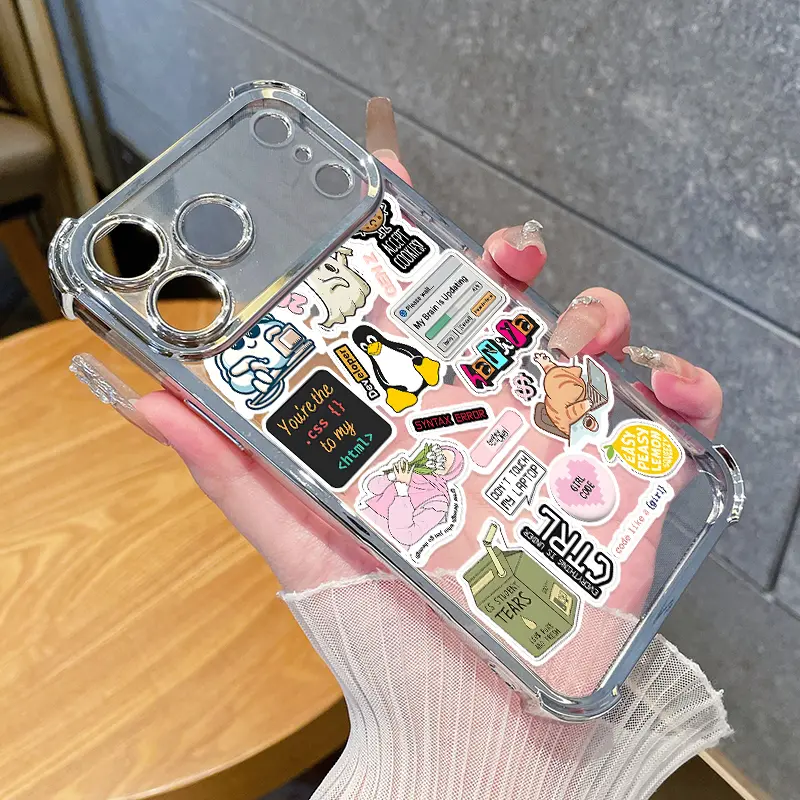Phone Case For iPhone 17 Pro Max 16 15 Plus Air 14 13 12 11 E Daily Coding Stickers Pattern Clear Protective Four Corners Air Cushion Anti-drop Premium Plated Cover