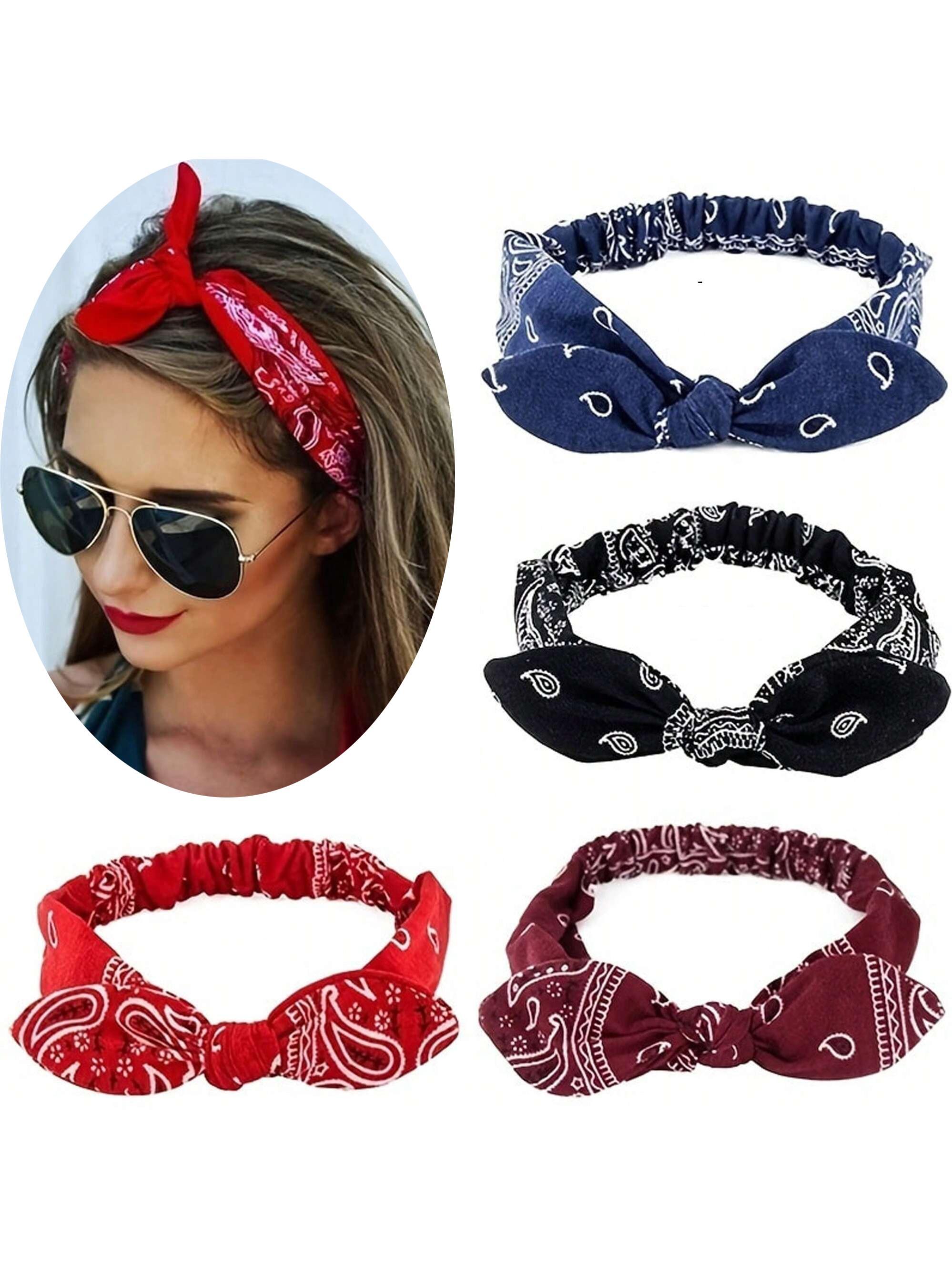Boho Style Paisley Pattern Hair Band, Paisley-Pattern-Printed-Headband-Vintage-Bow-Knot-Elastic-Hairband-Women-s-Headwrap-With-Paisley-Flower-And-Rabbit-Ears-For-Festival-Decoration-Halloween-Mouse-Ears, Hair Bows Headbands, Knotted Headband