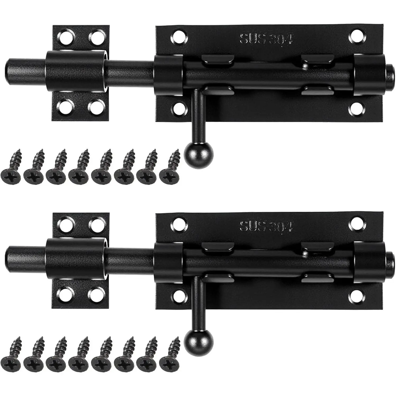 2 count Slide Lock, 304 Stainless Steel Gate Latch, Slide Bolt Latch,Thickened Heavy Door Latch Lock, 6 Inch Black Barrel Bolt Latch,  Slide Latch Lock