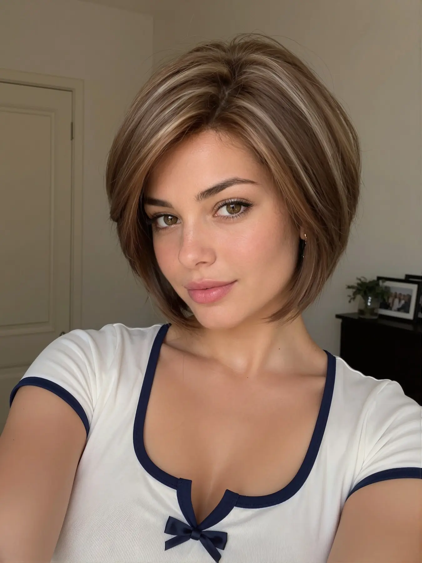 Bob Wig 8inch Warm Ash Balayage Side Part, Short Straight Synthetic Wig, Heat Resistant Fiber
