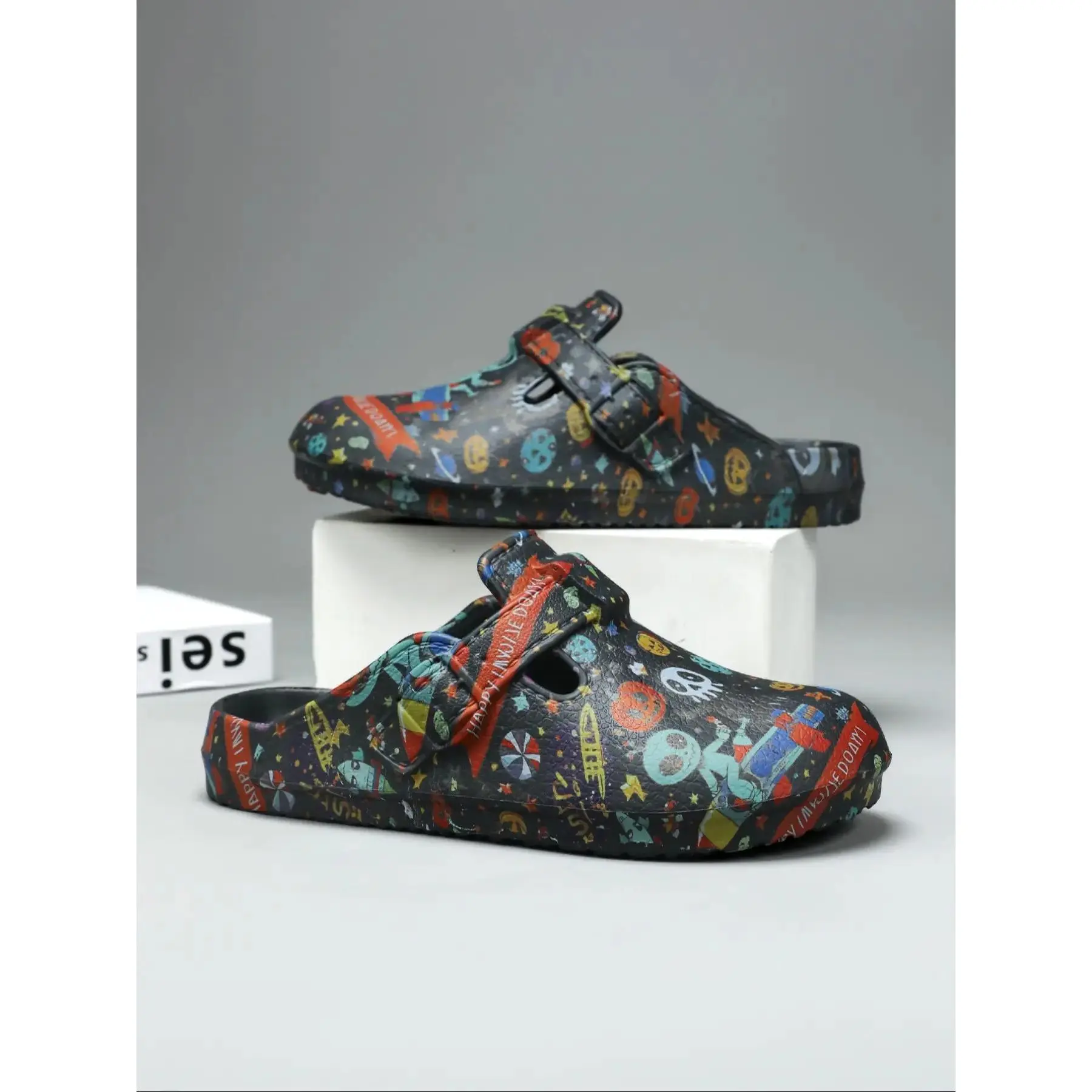aTTMen's Cartoon Fashion Slippers, Casual Eva Shoes, Adjustable Buckle, Fun Patterns, Home & Outdoor Wear, All Seasons, Slipper Sandals, Breathable Lightweight Clogs