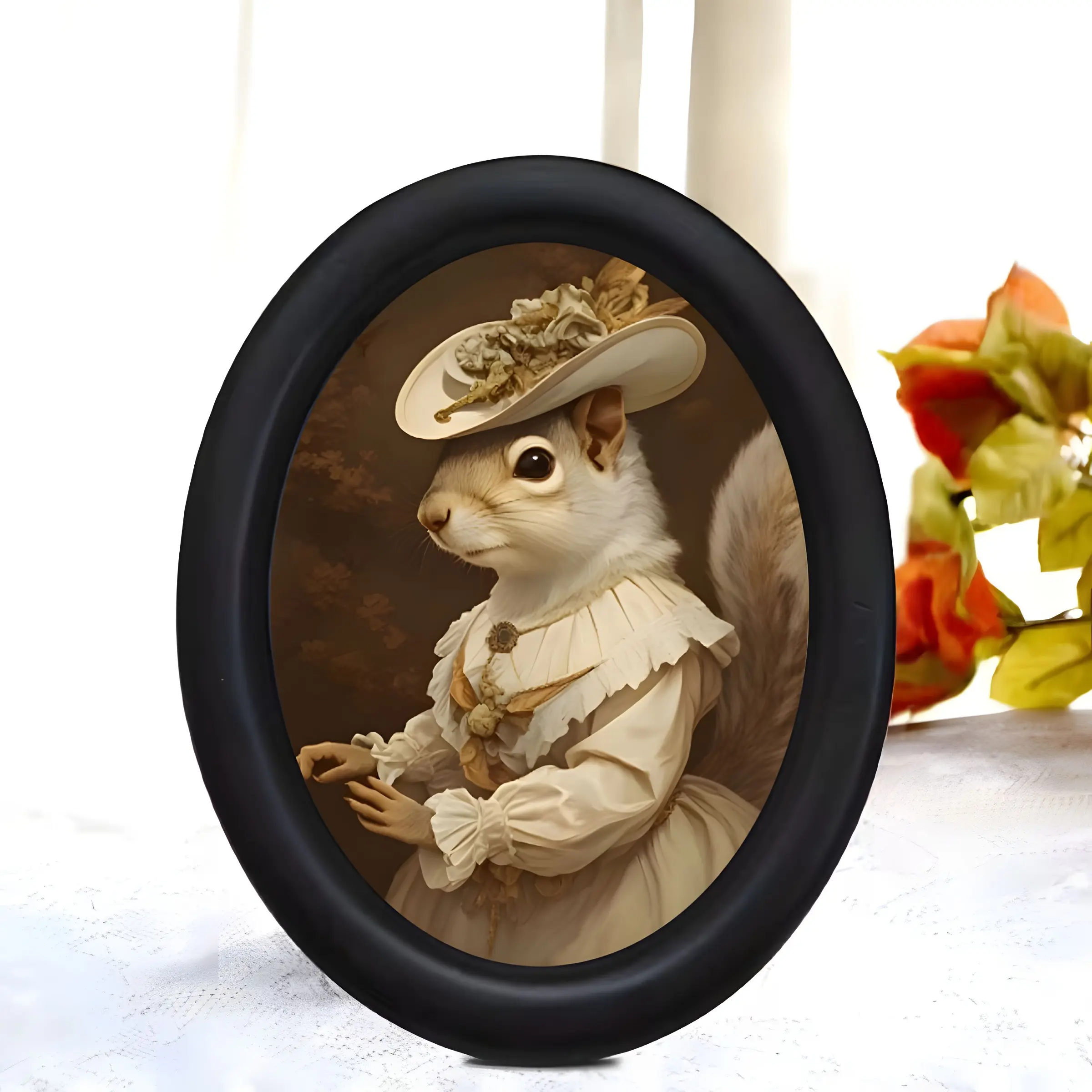 Vintage Courtly Lady Squirrel Decorative Painting, Oval Frame, Victorian Style Desktop Art, Elegant Home Decoration