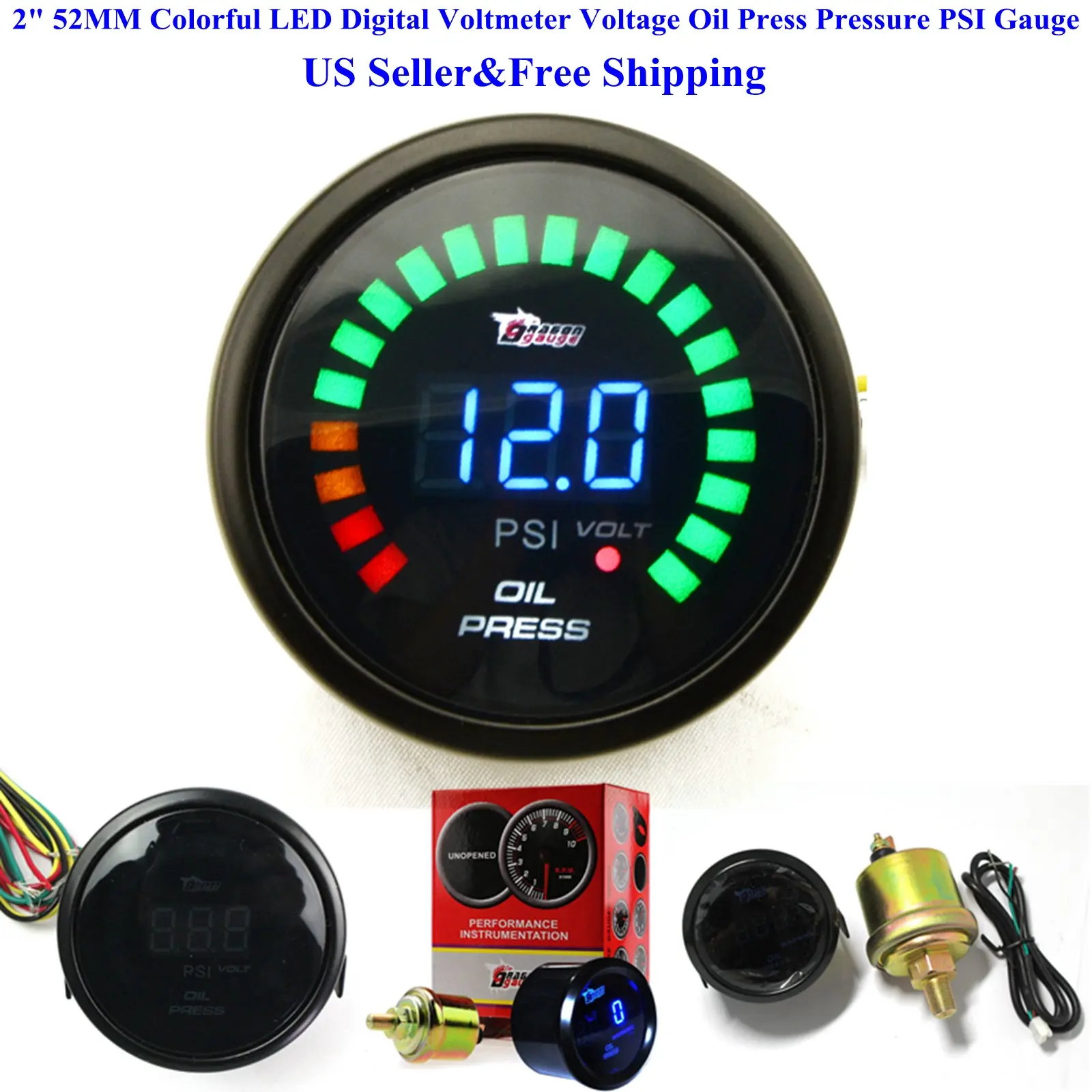 2" 52mm Colorful LED Digital Voltmeter Voltage Oil Press Pressure PSI Gauge