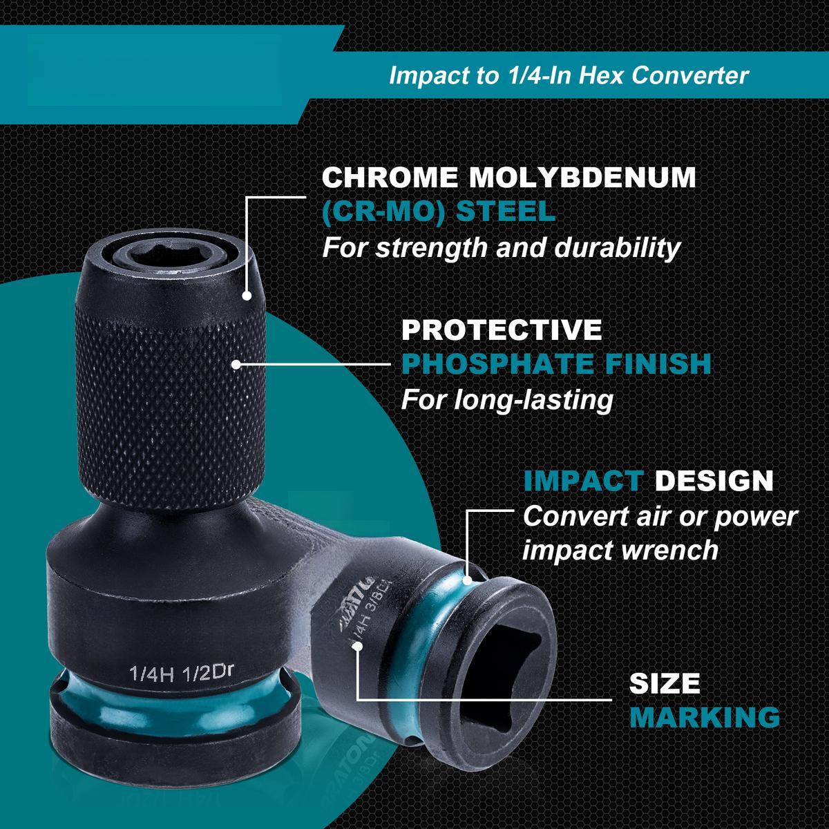 Impact to 1/4 Hex Converter, 1/2 3/8 1/4-INCH Drive Female to 1/4-Inch Hex Adapter, Impact Wrench Adapters for Ratchet Wrench Drivers, Impact Bit Holders, Quick-Change Chuck, Cr-Mo Steel
