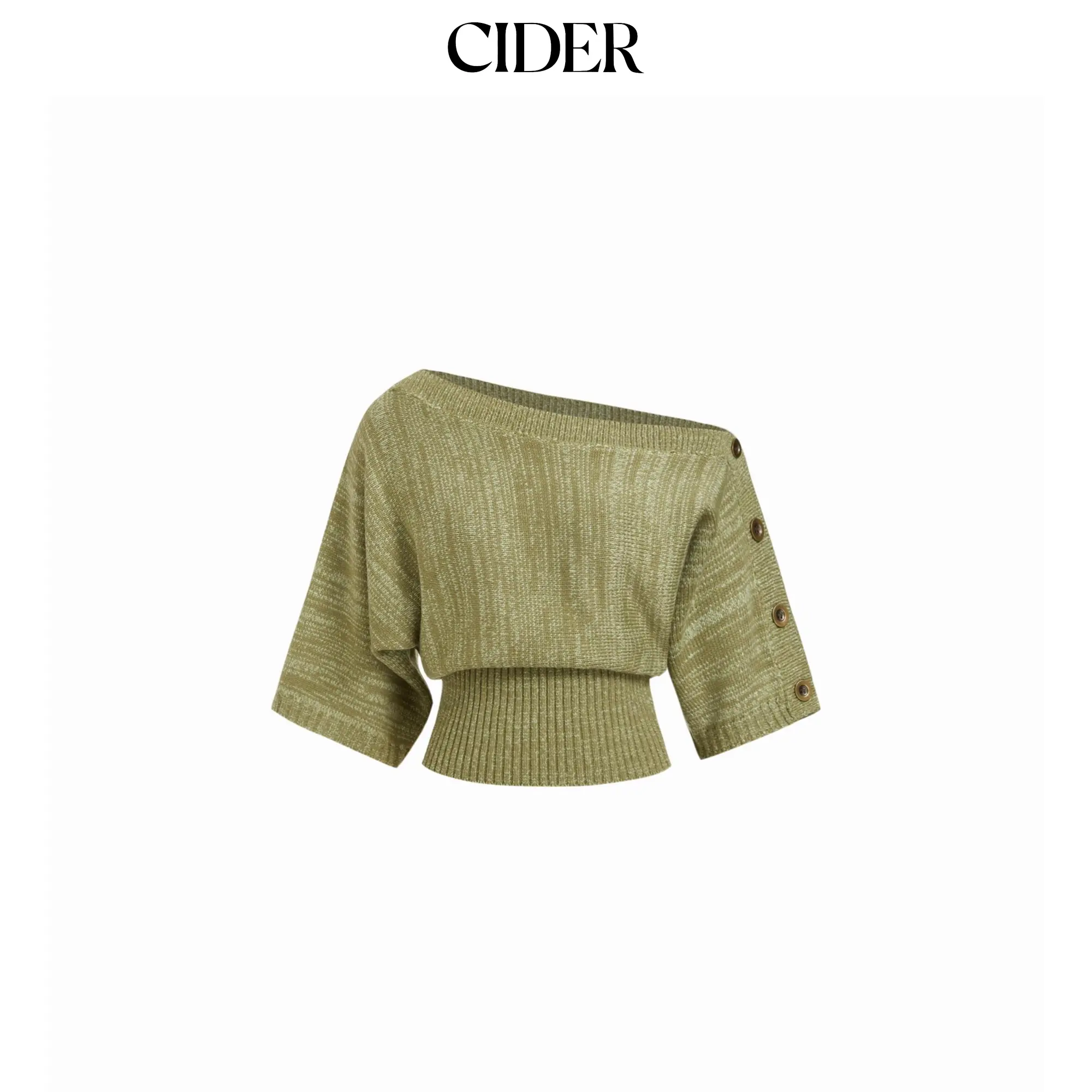 Cider Knit Textured Asymmetrical Neck Batwing Sleeve Top