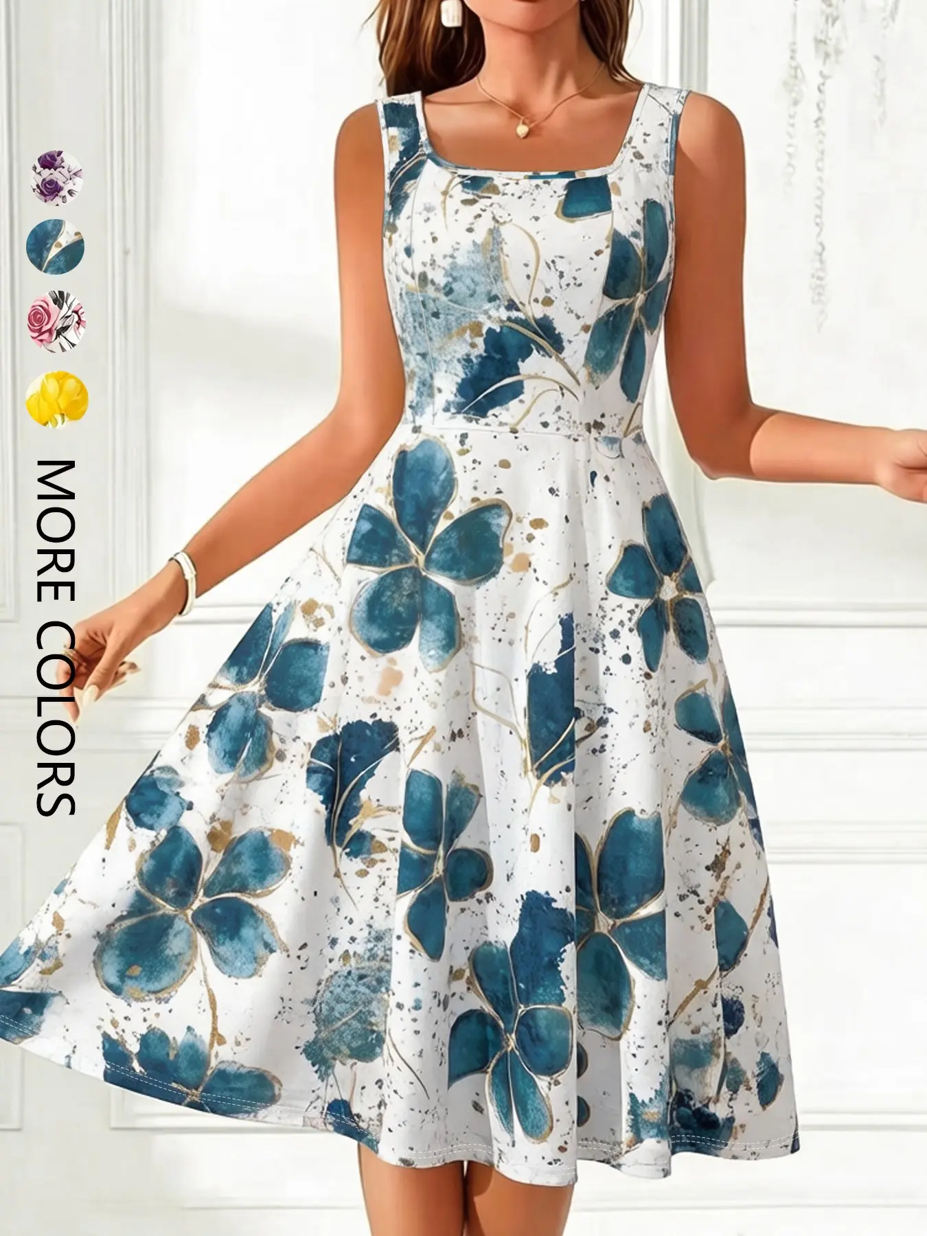 Square Neck Waist Cinched Floral Midi Dress, Knee-Length Spring Summer Elegant Casual Vacation Women's Dress, Stretchy Knit Printed Dress