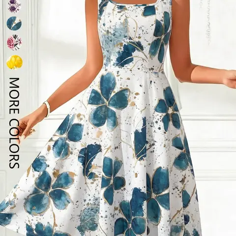 Square Neck Waist Cinched Floral Midi Dress, Knee-Length Spring Summer Elegant Aesthetic Casual Vacation Wear, Stretchy Knit Printed Design, Chic Dress