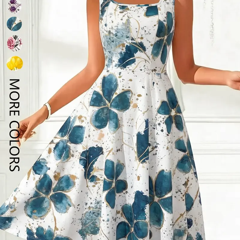 Square Neck Waist Cinched Floral Midi Dress, Knee-Length Spring Summer Elegant Aesthetic Casual Vacation Wear, Stretchy Knit Printed Design, Chic Dress
