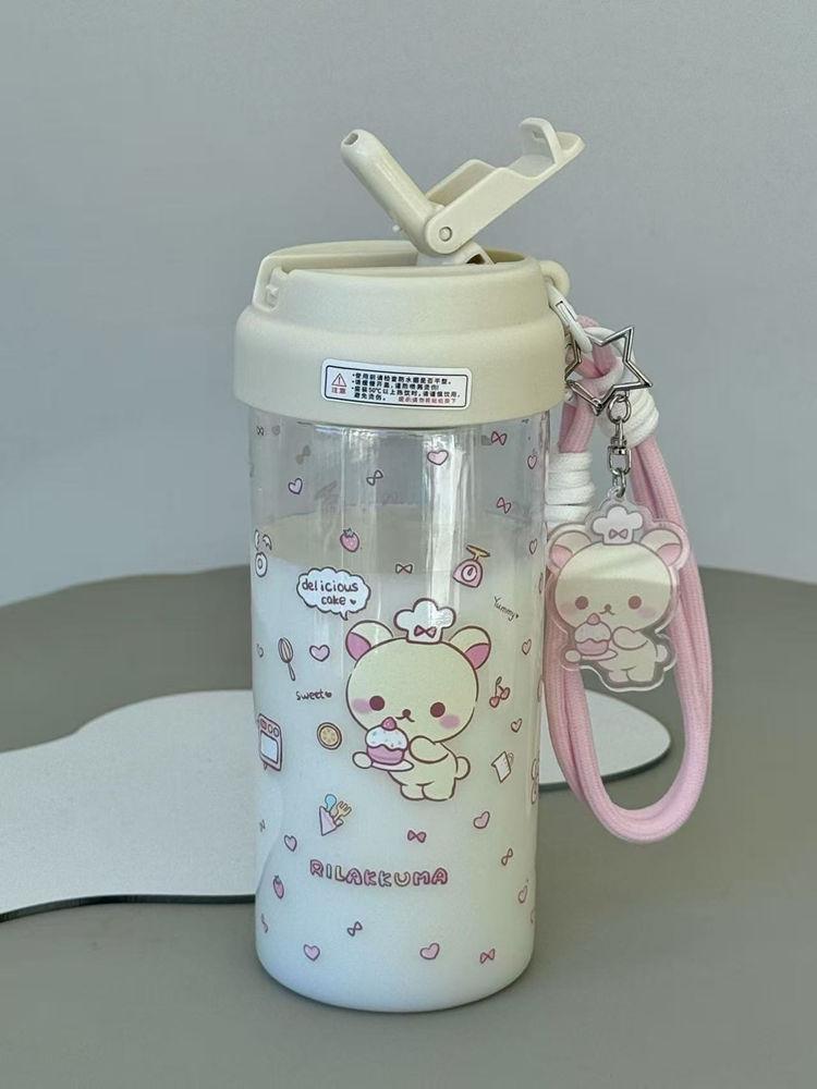 600ml Anime Kawaii Rilakkuma Plastic Straw Cup Girls Cartoon Children Outdoor Portable Large Capacity Sports Water Bottle Gifts