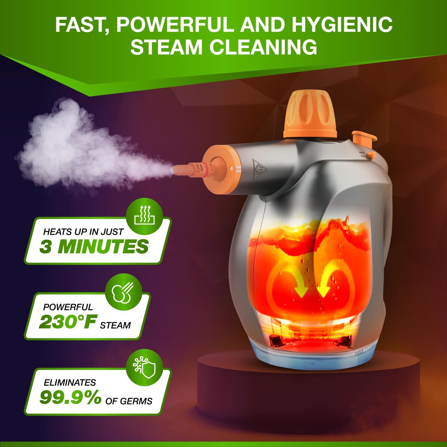 Handheld Steam Cleaner with Detergent Container  1250W High- Multipurpose Steamer  Continuous Steam Lock, Large , Safety Lock  for , Kitchen, Bathroom,  Cleaning