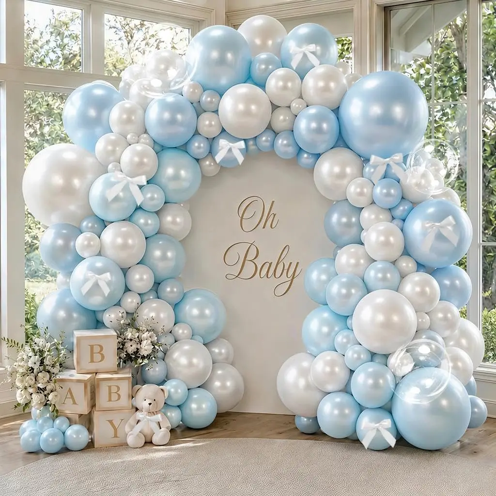 Double Stuffed Light  White  Balloon Garland with  Ribbon Bows