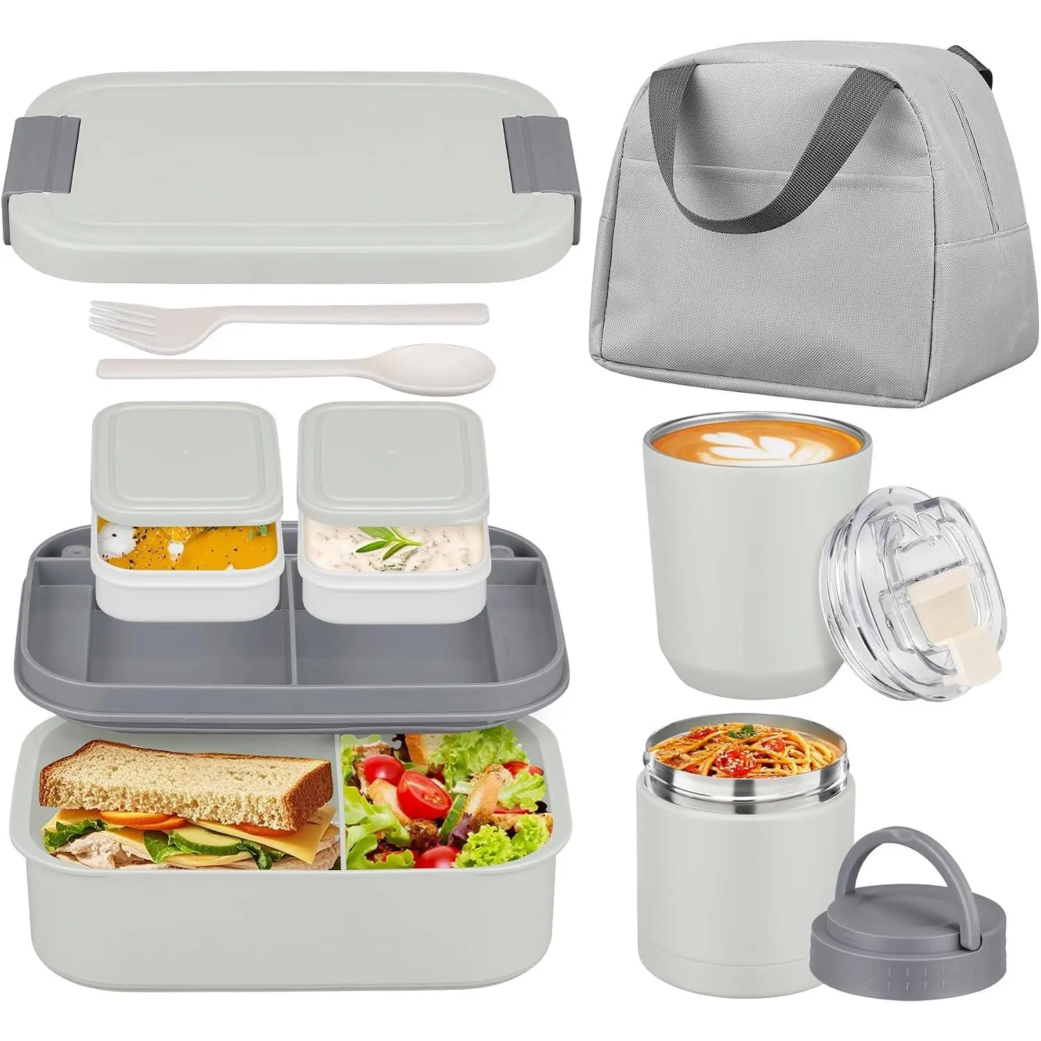 Large Bento Lunch Box Set with 10.5oz Insulated Soup Jar, Coffee Tumblers, Leak-Proof Containers, and Lunch Bag for Adults, Kids & Teens