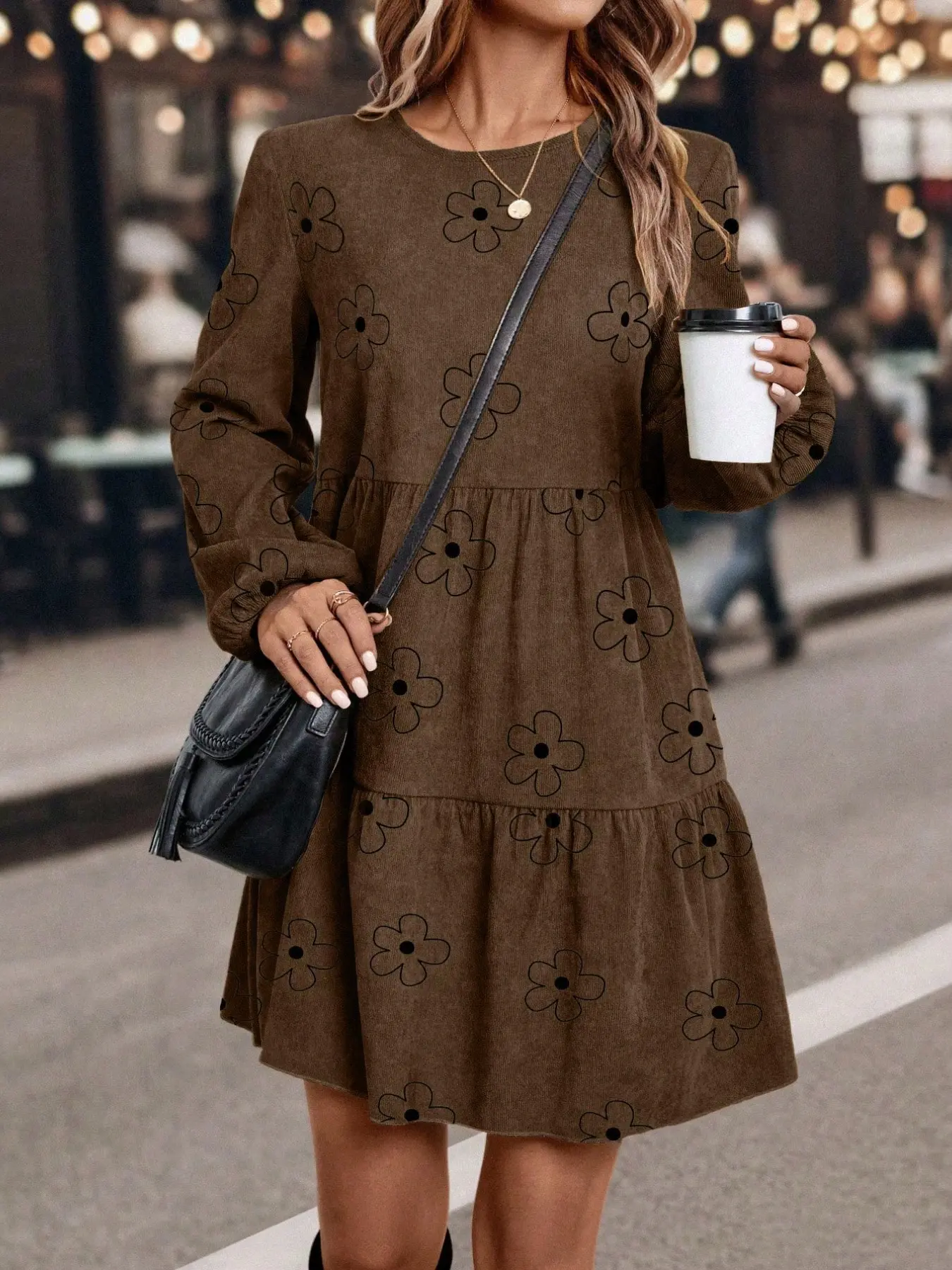 Women's Floral Print Layered Short Dress, Casual Long Sleeve Babydoll Dress, Boho Bohemian Farm Style Fall, Loose A-Line Dress, Cute Chic Daily Wear