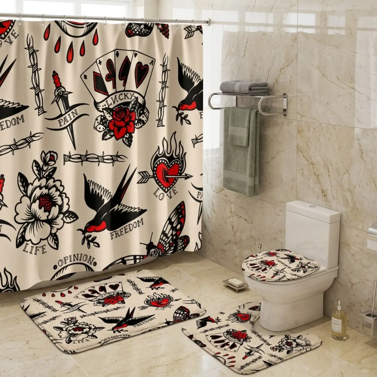 4pcs Gothic Tattoo Heart Shower Curtain Set, Love Bird Rose Print, Vintage Western Bathroom Decor, Valentine’s Day Aesthetic, TikTok Shop Trending Home Decor