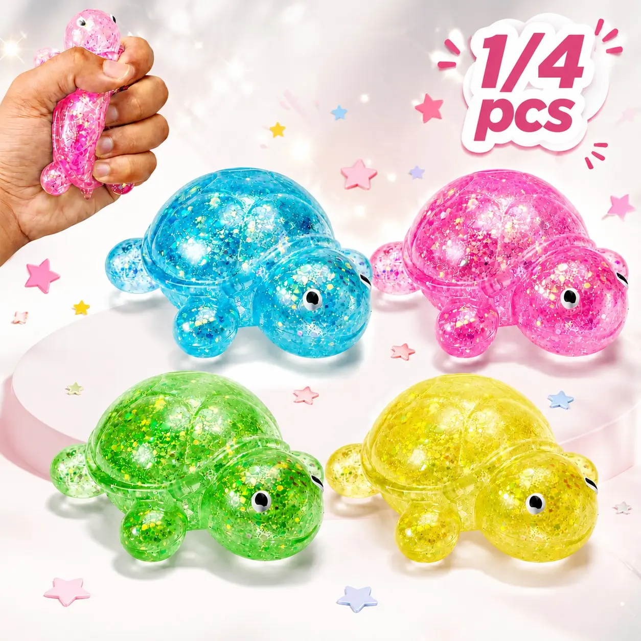 1/4Pcs Turtle Squishy Fidget Toys, Soft Sensory Squeeze Sugar Stress Balls for Girls，Boys，Teens and Adults, Cute Animal Sugar Squishy Toy for Easter Basket Stuffers & Party Favors