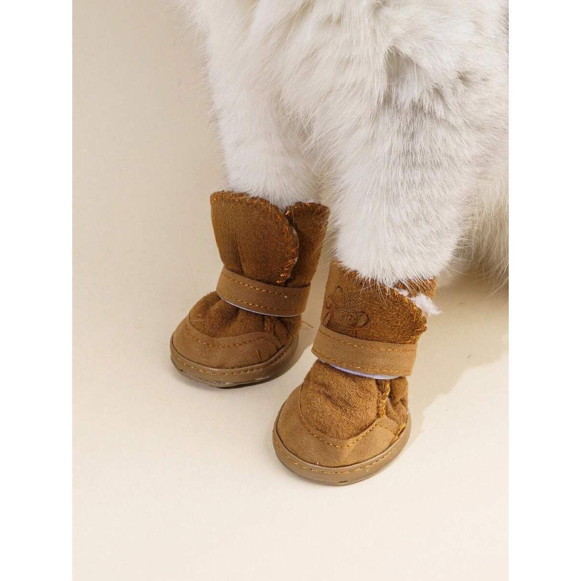 4pcs Plus Fleece Thick Pet Snow Boots Brown Polyester Universal Fit for Small Medium Cats Dogs Indoor Outdoor Wear Kitten Shoes Winter Outfits