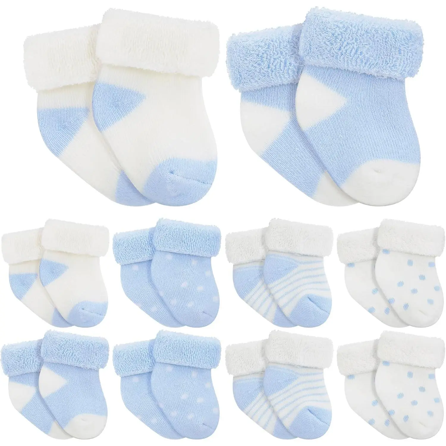 10 Pairs Pack Soft Cotton Terry Preemie Baby Turn Cuff Socks - NICU Newborn Boys, Girls Socks, Socks for Girls with Christmas Print