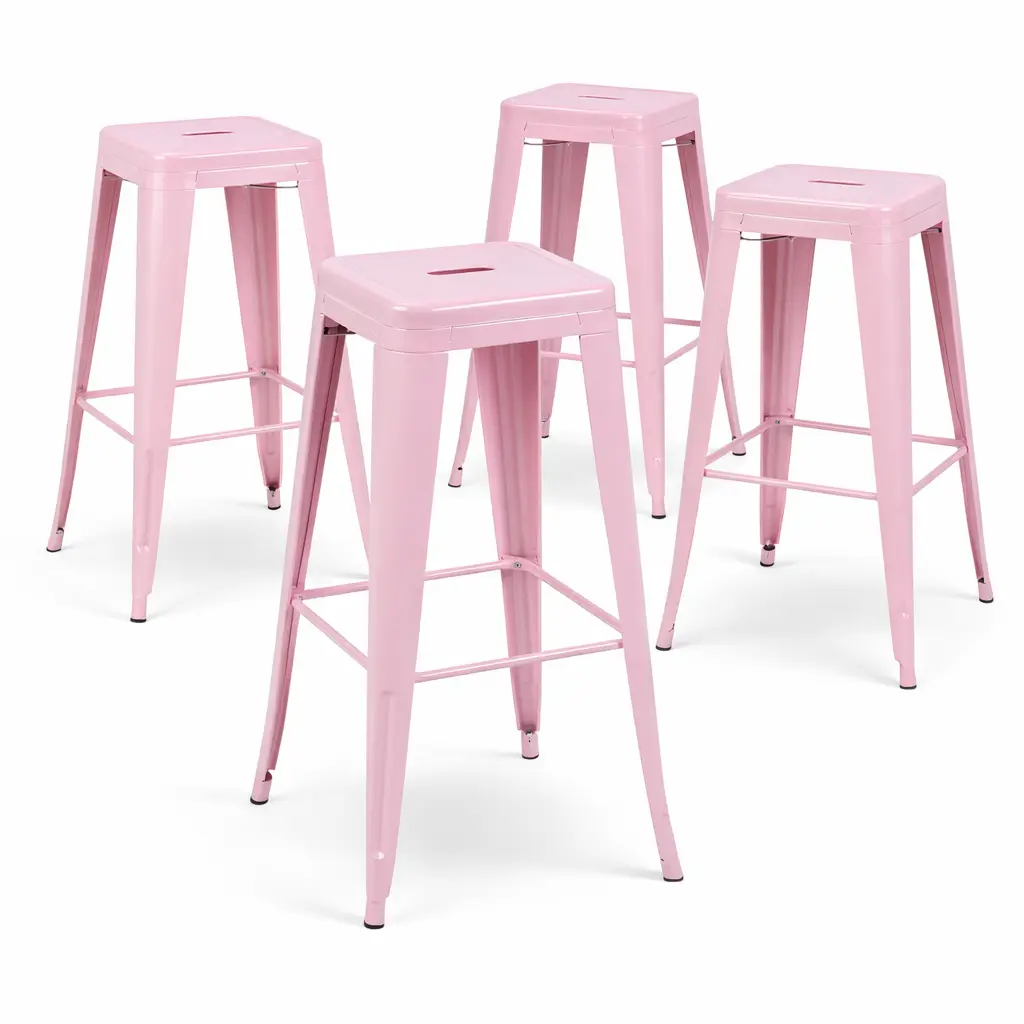 Fairy Pink Metal Bar Stools Set of 4, 30 Inch Aesthetic Bar Height Stools, Cute Pink Studio Barstools for Makeup Room, High One-Piece Steel Chairs for Cafe & Creative Space