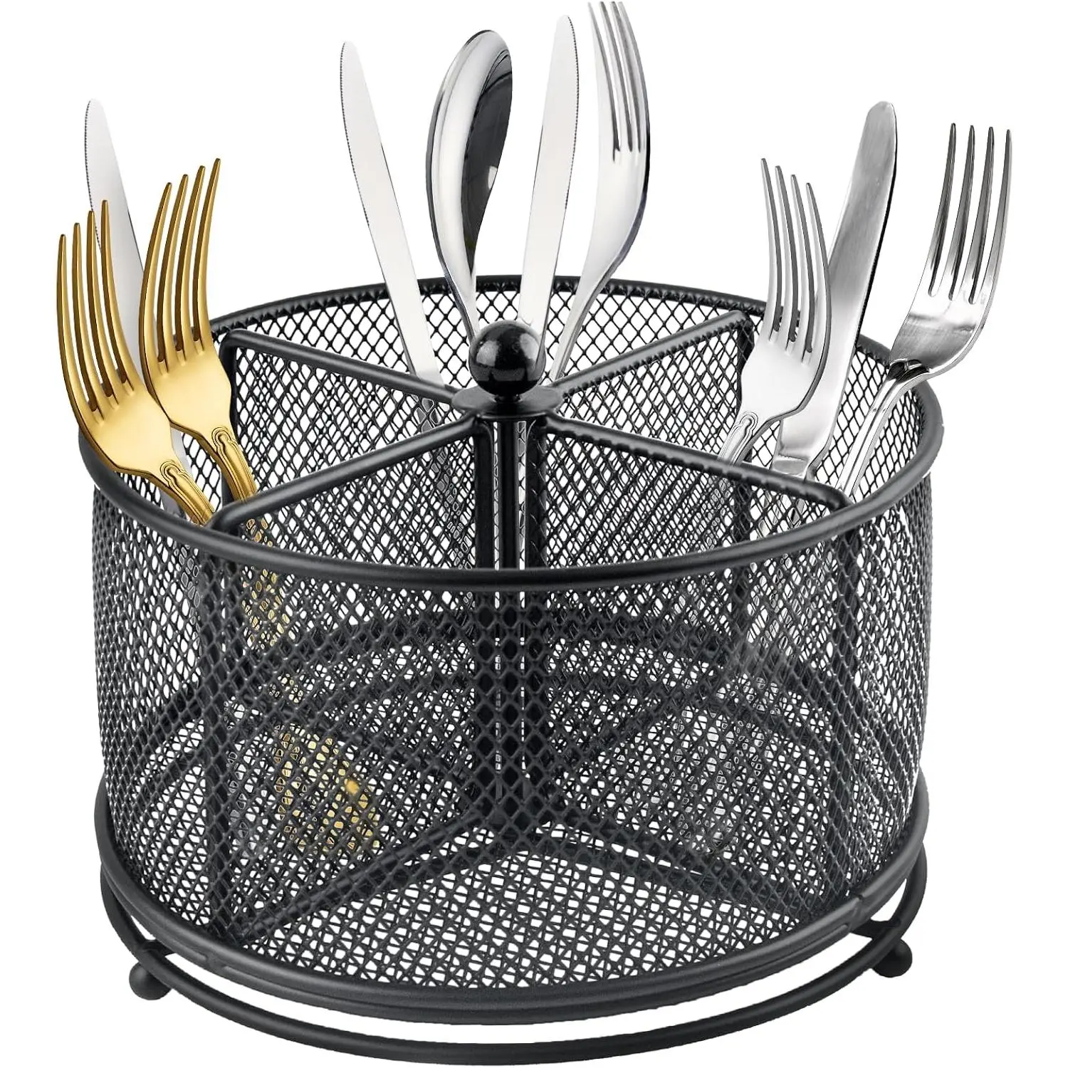 360° Rotating Metal Utensil  - 4 Compartment Silverware Cutlery Holder Rotation Fork Spoon Napkin Organizer Flatware Storage Basket Party Countertop Buffet Picnic Camping Outdoor Black