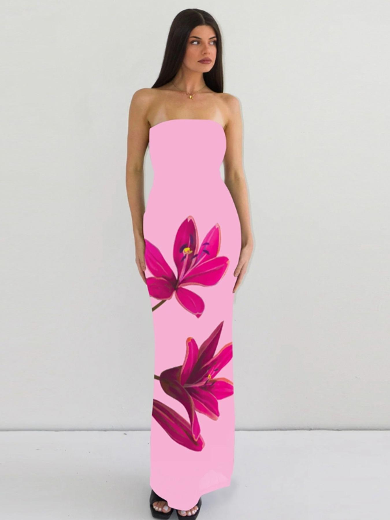 Women's Floral Print Backless Bodycon Mesh Tube Dress, Elegant Chic Strapless Tie Back Dress for Party Club Dating Wear, Ladies Summer Clothes