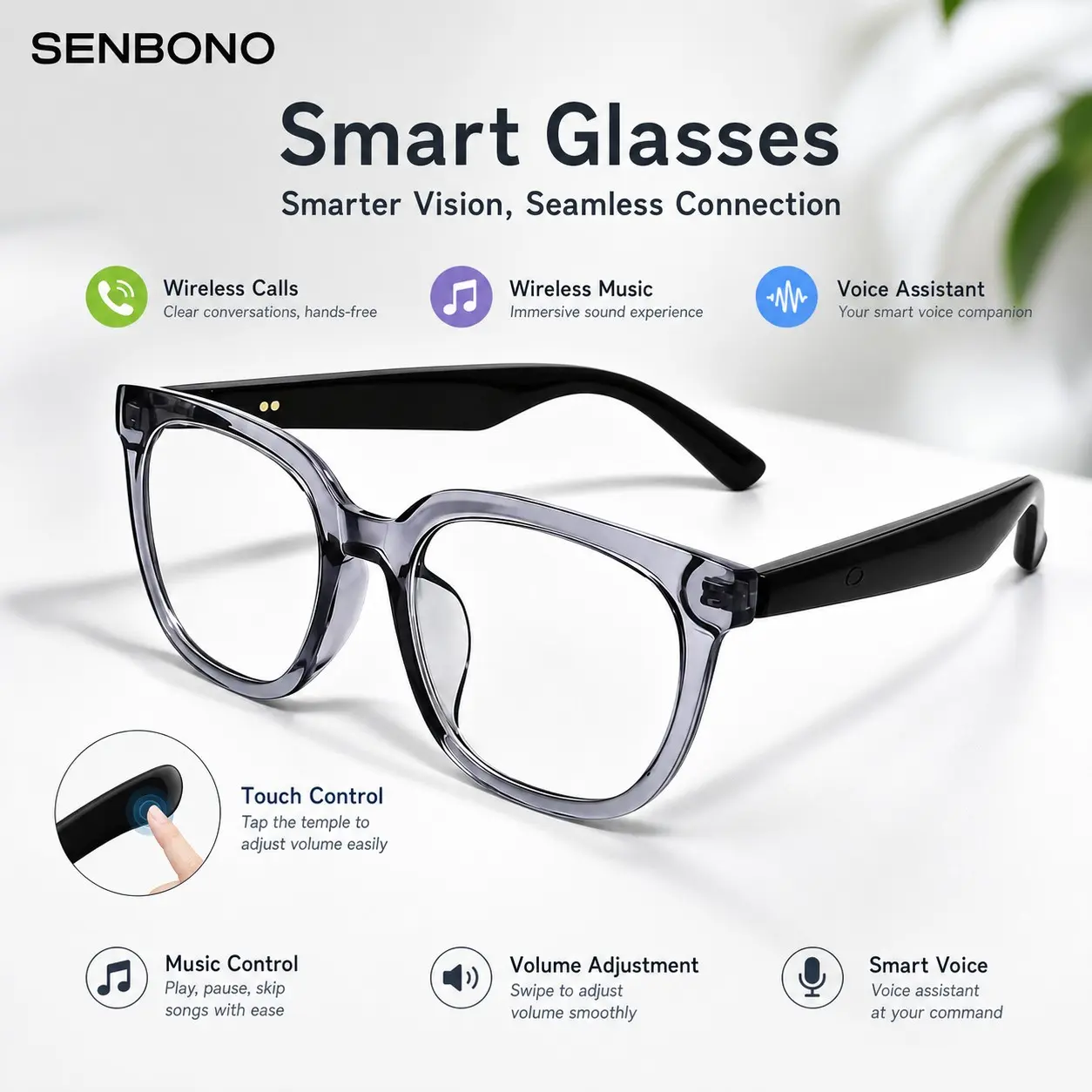 SENBONO Ai Translation Sunglasses, Hands-Free Calls, Music Playback, Remote Selfie Trigger, Ultra-Light 30g, Splash-Proof, Outdoor Adventure