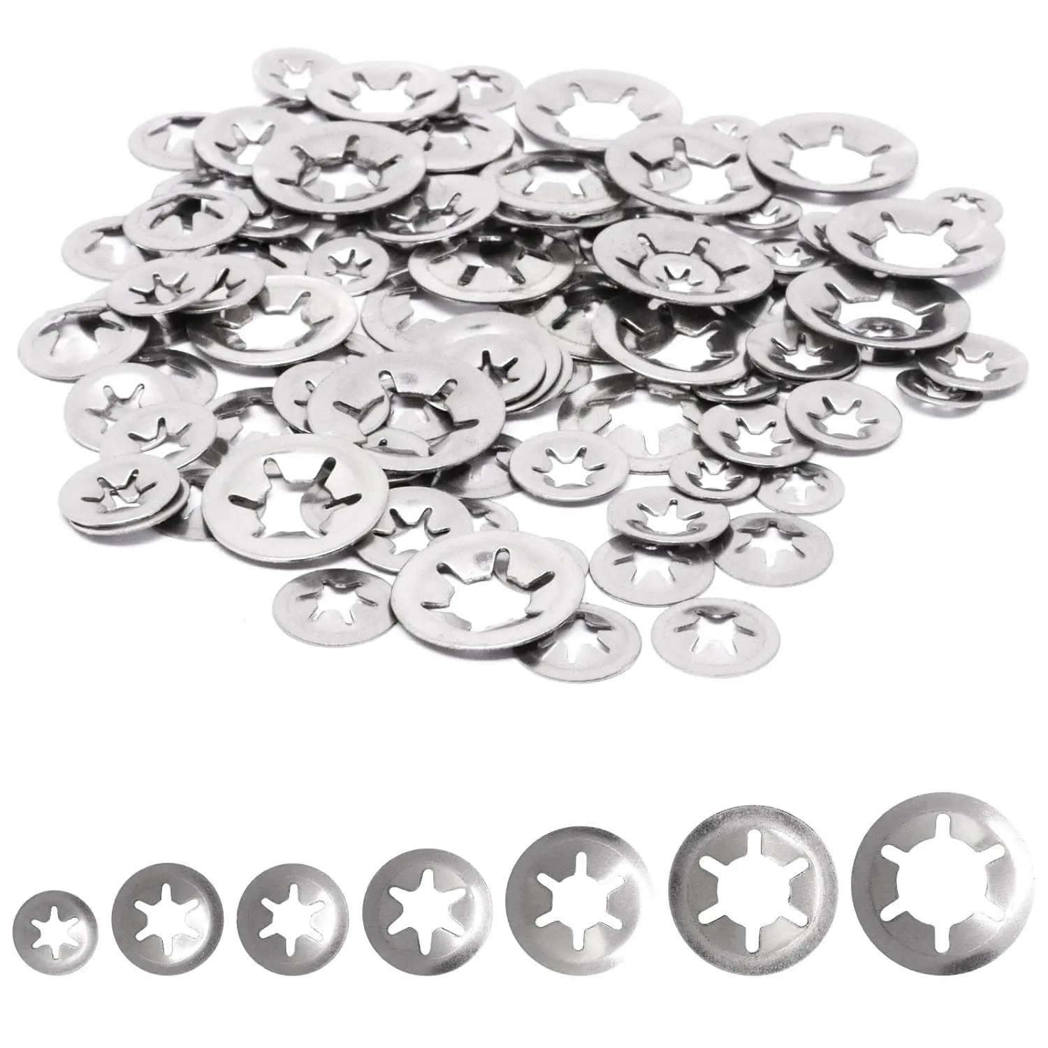 Lock Washers Assortment Kit, 304 Stainless Steel Internal Tooth Star Washers Push Nuts, 7 Sizes, 100pcs