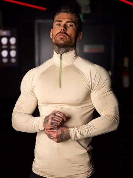 Trendy Beige Half - Zip Gym Shirt, Men’s Long - Sleeve, Breathable Material, Suitable for CrossFit, HIIT & Casual Athleisure, Gym Top